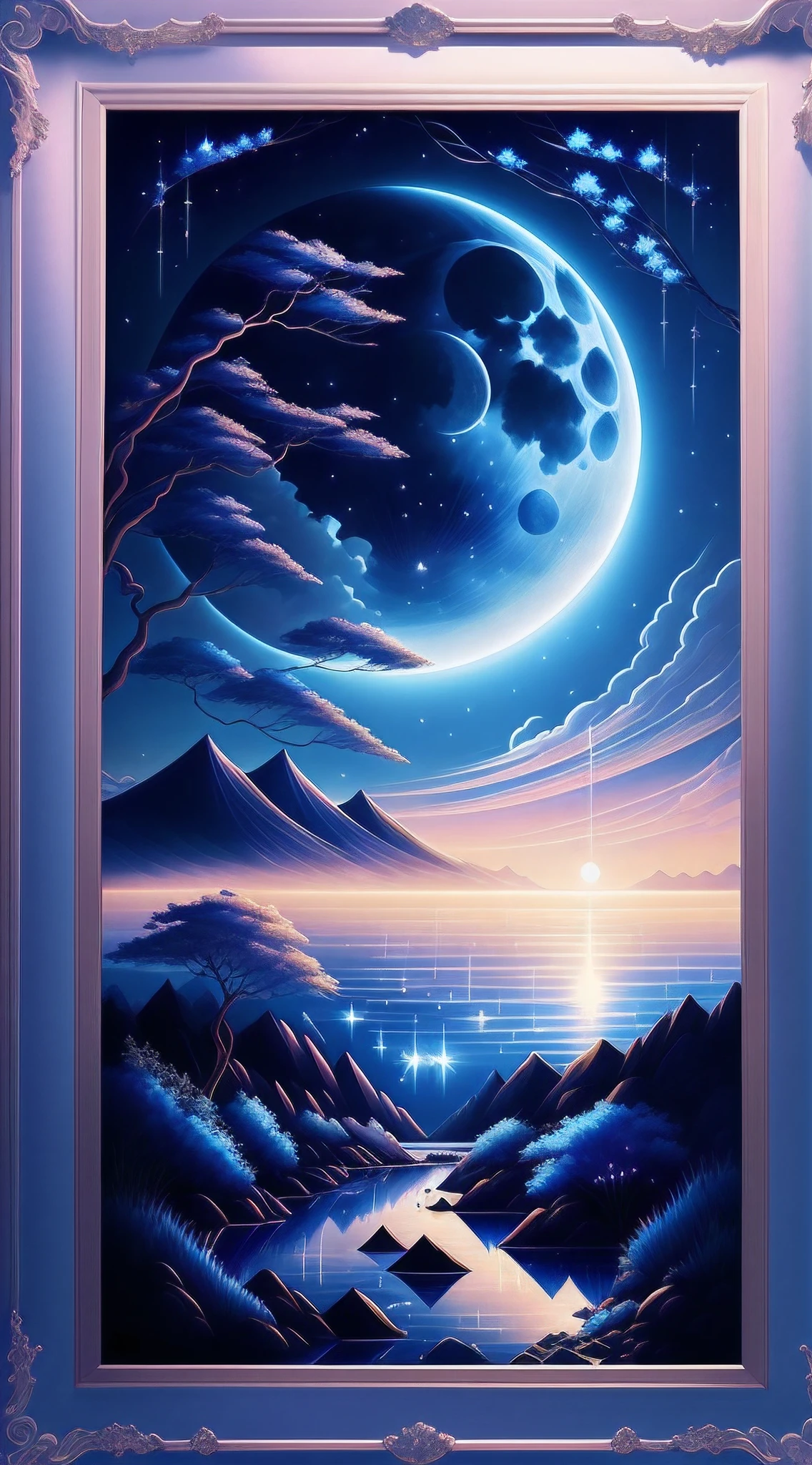 tmasterpiece,超高分辨率,high qulity,best qualtiy,Blue Themes,scenecy,without humans,the night,themoon,Reflectors,Skysky,exteriors,nigh sky,moon full,mont,rays of moonlight