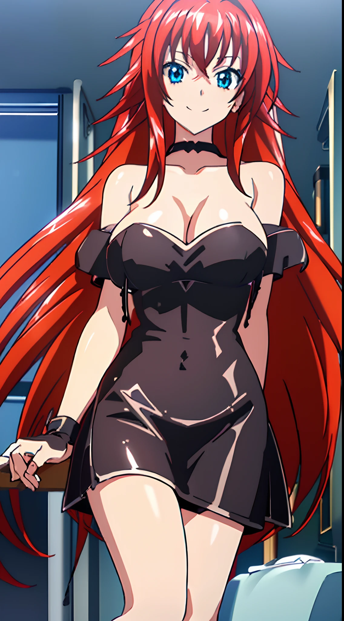 8k, highres, ultra detailed, (masterpiece:1.4), best quality, symmetrical body, (Black strapless short leather dress:1.4), choker, cute, solo, earrings, long hair, (red hair:1.4), blue eyes, glow effect, finely eye, grinning, wide smile, detailed face, looking at viewer, smilling at viewer, bedroom, angled view, big breasts, teasing, seductive look