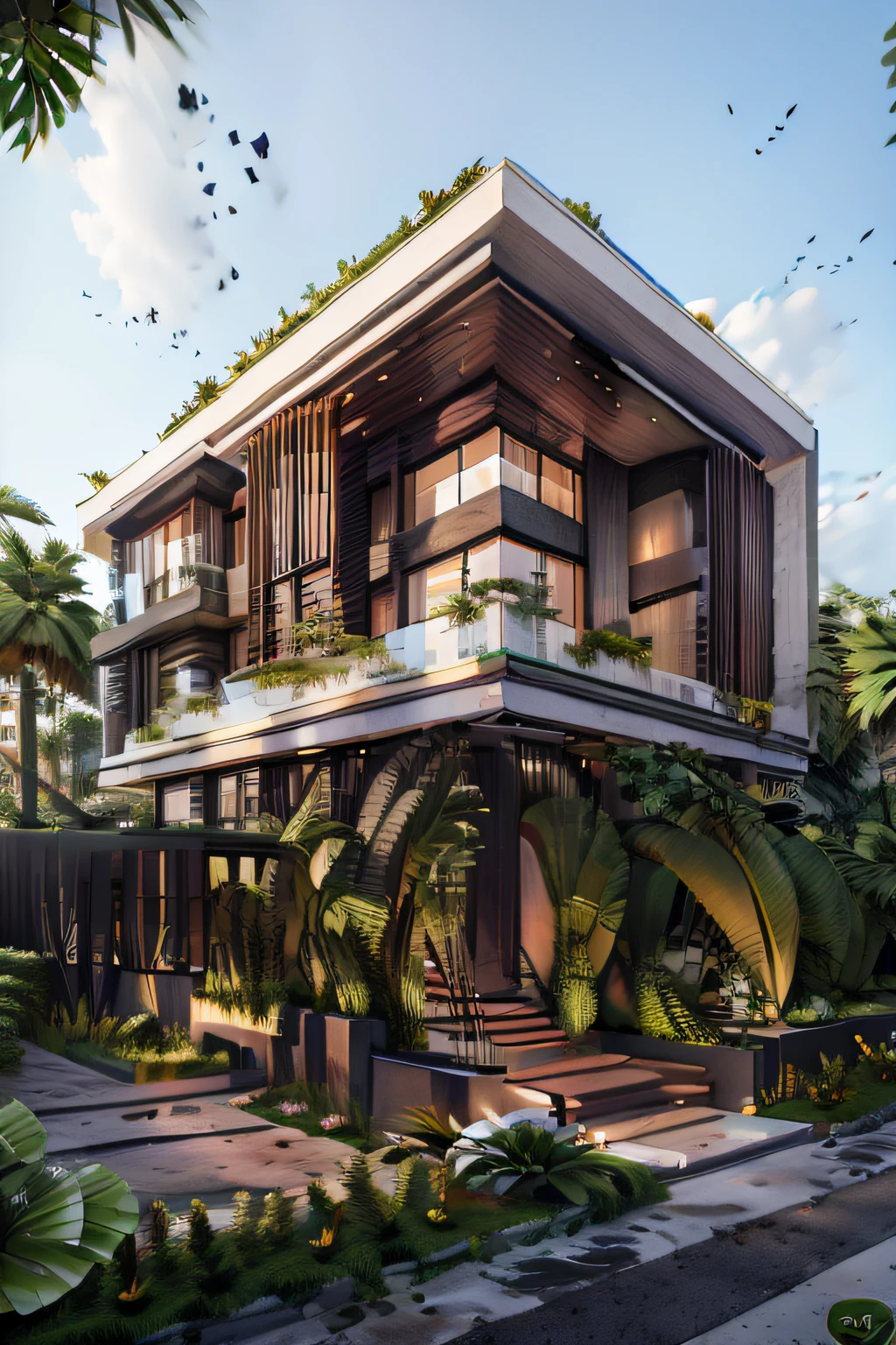 a front view of 5 levels villa, modern style,tropical style, realistic, use a lot of glass, large door, beautiful sky.