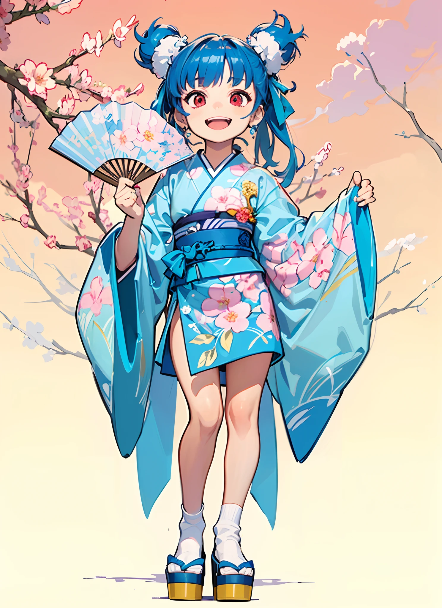 (Masterpiece, bestquality, complete body, 4k) 1 girl, solo, red eyes, happy, blue hair, chun li hairstyle, blue kimono, socks, blue platform pump shoes, fan in the right hand, sakura garden, colorful, spring, day.