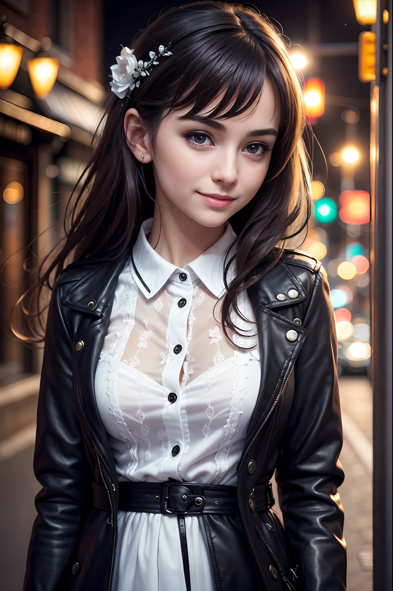 (8k, best quality, masterpiece:1.2), (realistic, photo-realistic:1.37), ultra-detailed,
1 girl,cute, solo,beautiful detailed sky,detailed cafe,sitting,dating,(nose blush),(smile:1.15),(closed mouth) small breasts,beautiful detailed eyes, collared shir, black leather jack coat, white lace, black choke ,
(medium longth hair:1.2),floating hair ,NovaFrogStyle, white skin,cinematic light,night street,street light