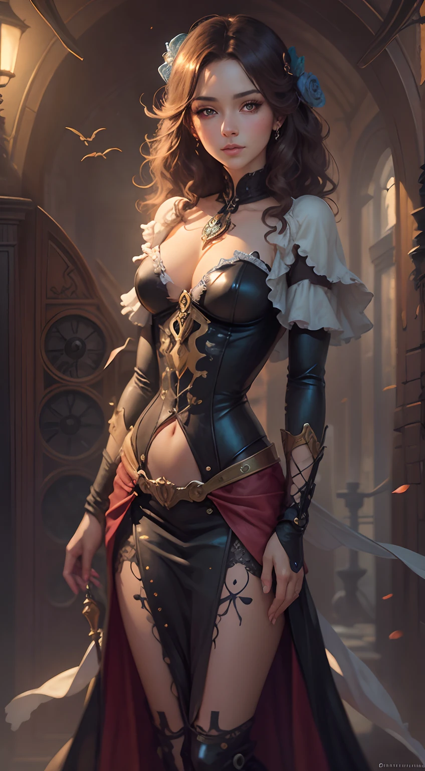art by Ralph Horsley and mandy disher steampunk half Body Lady with Bones, spiderweb, skull, gemstone watercolor painting, Jean-Baptiste Monge style, bright, beautiful in spring, splash, big perfect eyes, rim lighting, lights, magic, fantasy, digital art, wlop, artgerm and james jean, mini dress lace, close-up of anime woman with bright beautiful detailed eyes, wet-on-wet, shiny, shimmery, glittery, Ross Tran