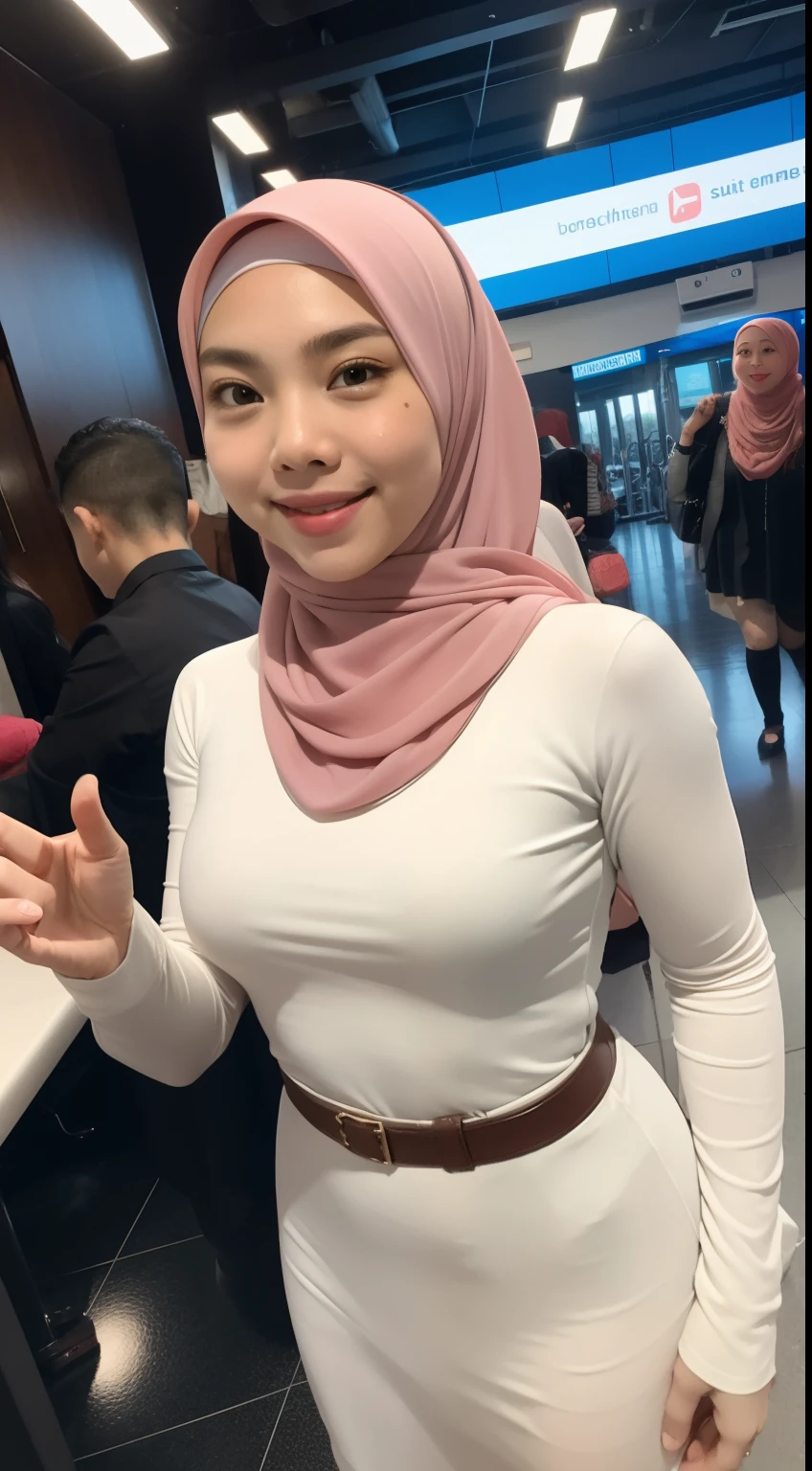 Malay girl in hijab and wear Half Button Rib Knit Tee with pastel color jacket and High Waist Plicated Detail Suit Pants, walking in city street, catwalk, confident walk, windy, elegance, front view, detail skin, detail skin texture, beautiful malay face, pastel color outfit, small breast, wide hip, wide waist, thick thighs, slim abs, beautiful body, evening, sunset, sun light enhance dramatic mood, arrogant smile, professional cinematic lighting, blur background, bokeh, realistic, ultra detail, high quality,
