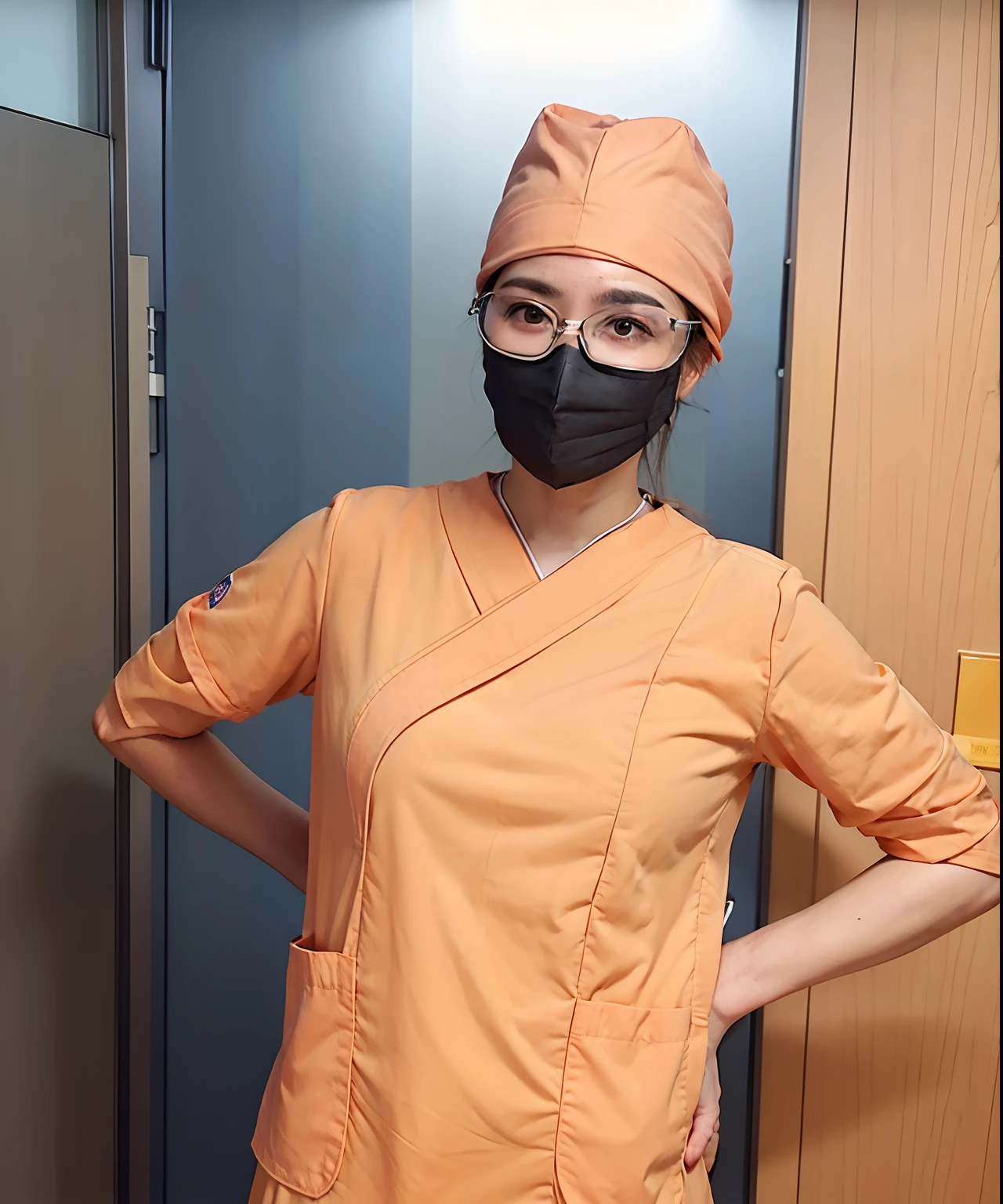 arafed woman in orange scrubs blue glasses and a mask standing in front of a door, surgical gown and scrubs on, healthcare worker, surgeon, doctor, nurse, wearing lab coat and glasses, surgical gear, nurse scrubs, wearing a orange hospital gown, medical doctor, masked doctors, wearing pink facemask and wild sunglasses, nursing, wearing a orange hospital gown, (doctor), medical mask
