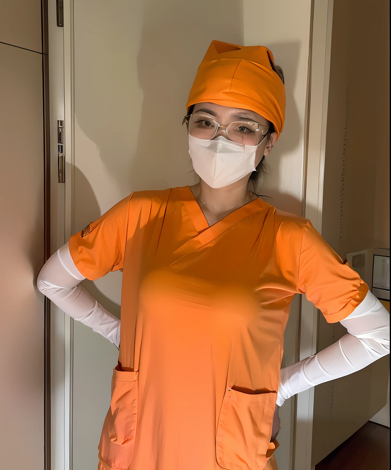 arafed woman in orange scrubs and a mask standing in front of a door, surgical gown and scrubs on, healthcare worker, surgeon, doctor, nurse, wearing lab coat and glasses, surgical gear, nurse scrubs, wearing a orange hospital gown, medical doctor, masked doctors, wearing pink facemask and wild sunglasses, nursing, wearing a orange hospital gown, (doctor), medical mask