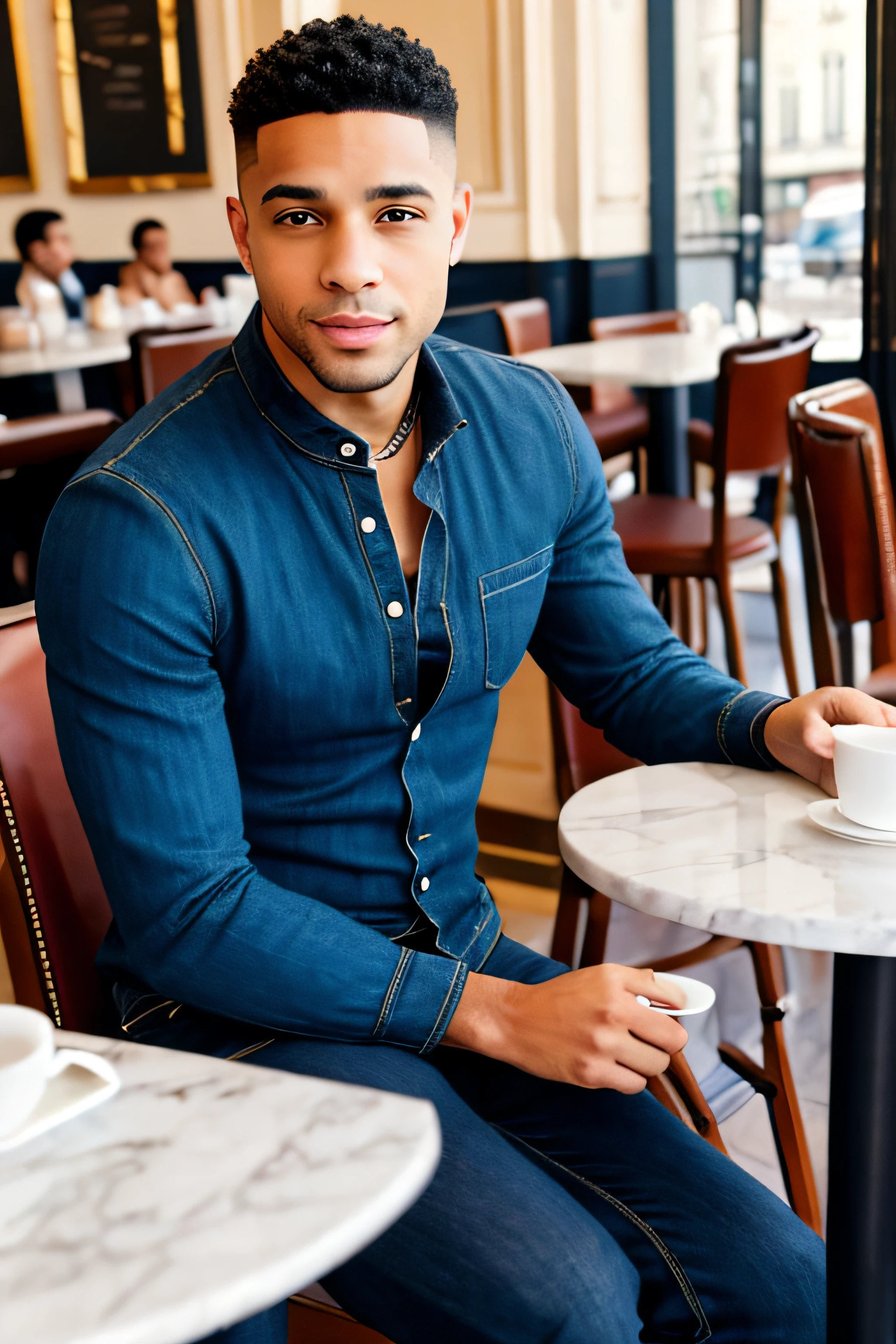 high quality handsome light skin mixed race man with short hair, having a coffee in a parisian café
