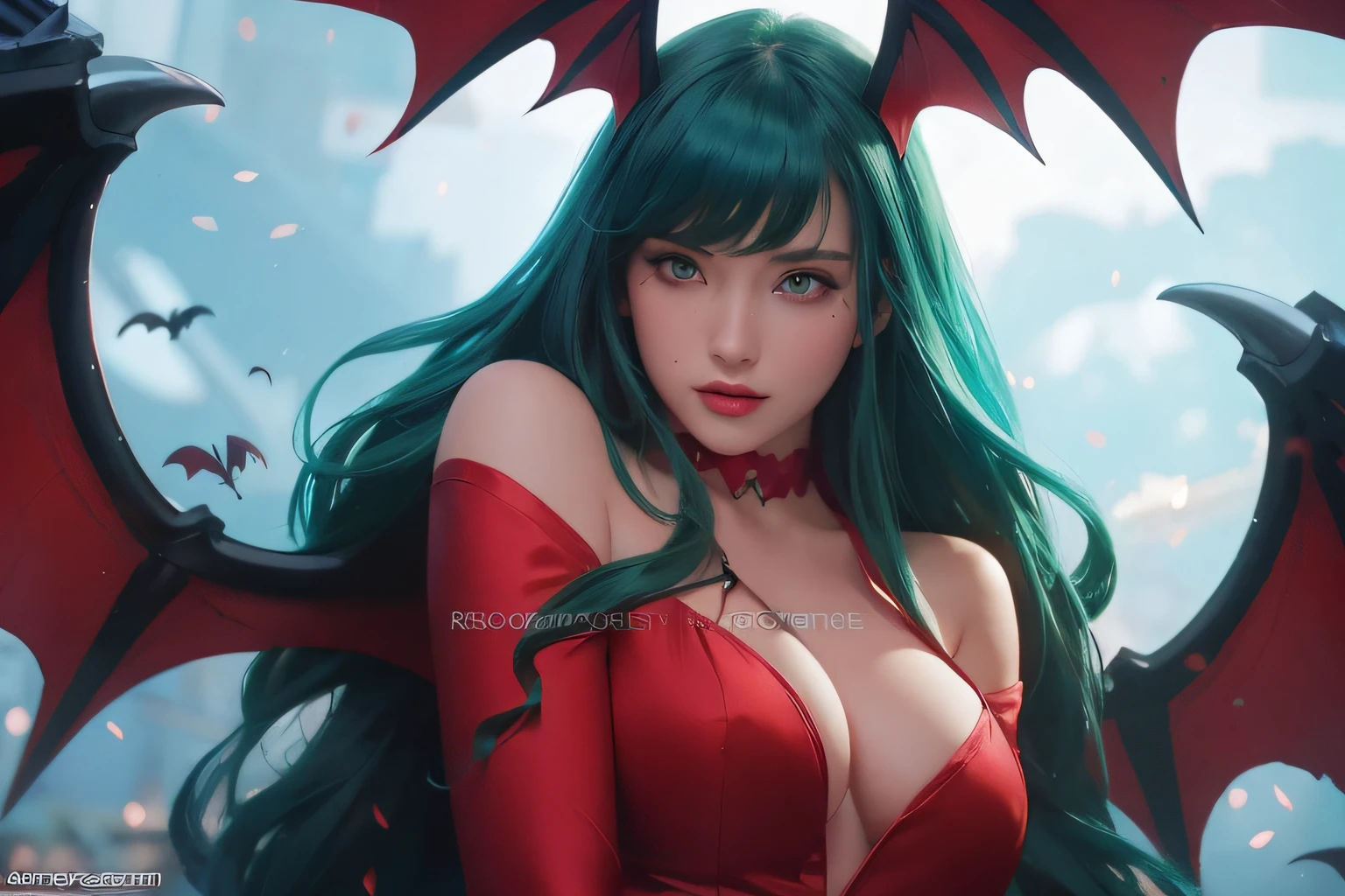 Remove watermark and text. Otherwise keep as close to original as possible. Preserve eye color, facial features and expression. A close up of a woman with green hair and a red dress, extremely detailed artgerm, beautiful succubus, alena aenami and artgerm, :: rossdraws, inspired by rossdraws, artgerm and rossdraws, deviantart artstation cgscosiety, morrigan aensland, ig model | artgerm, rossdraws 1. 0