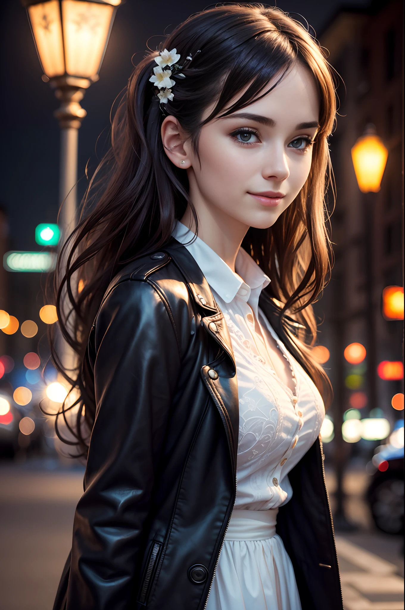 (8k, best quality, masterpiece:1.2), (realistic, photo-realistic:1.37), ultra-detailed,
1 girl,cute, solo,beautiful detailed sky,detailed cafe,sitting,dating,(nose blush),(smile:1.15),(closed mouth) small breasts,beautiful detailed eyes, collared shir, black leather jack coat, white lace, black choke ,
(medium longth hair:1.2),floating hair ,NovaFrogStyle, white skin,cinematic light,night street,street light