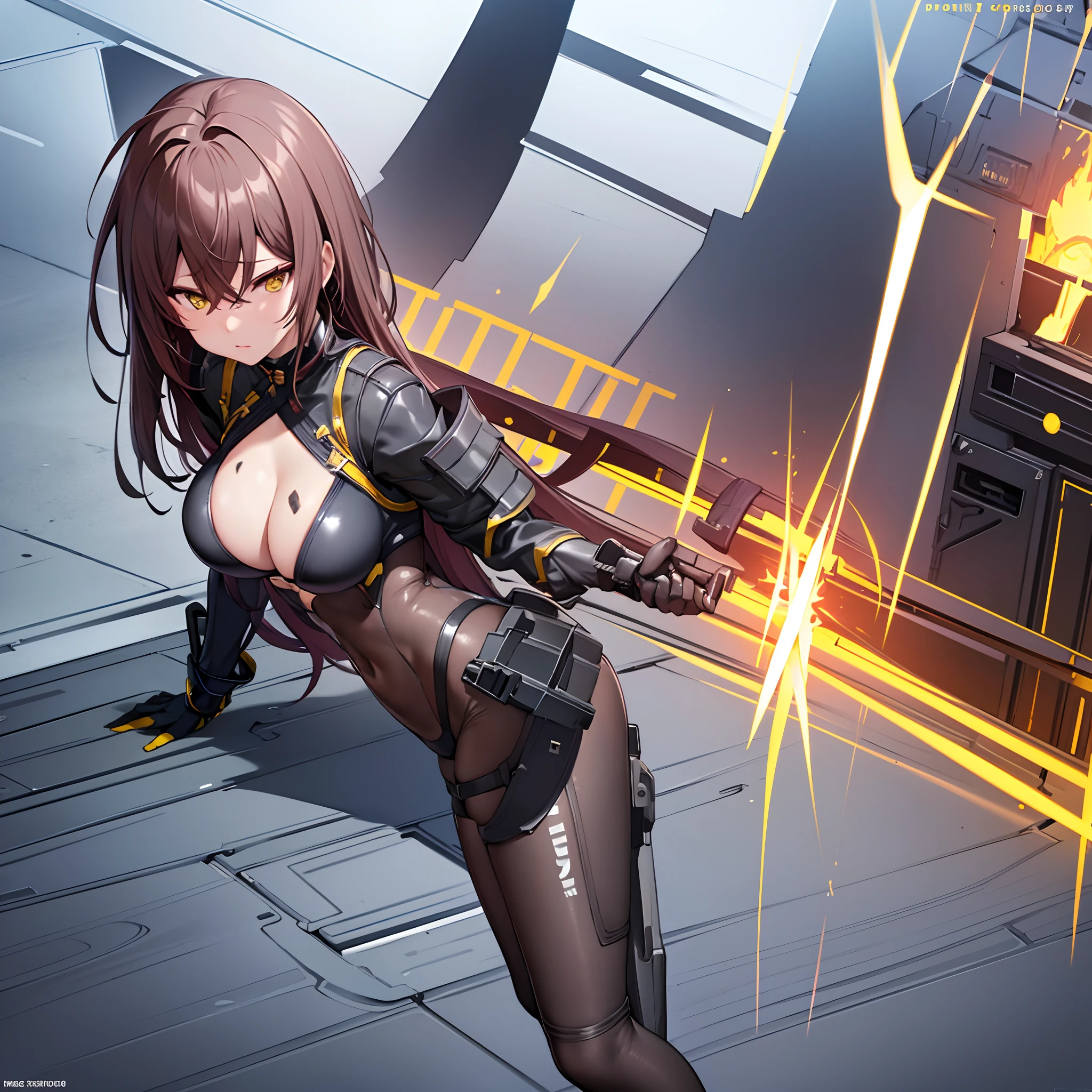 A lone mature girl, Waist long light brownr hair, , Gold eyes, yellow eyes, Beautiful face, masterpiece, best quality, expressive eyes, perfect face, forehead protector, Short heat sword, , white rubber skin tight suit, yellow glove, full leg white stocking, exposed chest , sci-fi city , High detail mature face, combat suit, high res, ultra sharp, She stands confidently in the center of the poster, Shooting pose，explosion effect, a determined expression on her face。The background is dark and gritty，There is a sense of danger and a strong feeling。The text is bold and eye-catching，With catchy slogans，Adds to the overall drama and excitement。The color palette is dominated by dark colors，Dotted with bright colors，Make the poster dynamic and visually striking，(Magazines:1.3), (Cover-style:1.3), Fashion, vibrant, Outfit, posing on a, Front, rich colorful，Background with，element in，self-assured，Expressing the，halter，statement，Attachment，A majestic，coil，Runt，Touching pubic area，Scenes，text，Cover of a，boldness，attention-grabbing，titles，Fashion，typeface，，Best quality at best，Hyper-detailing，8K ，hyper HD