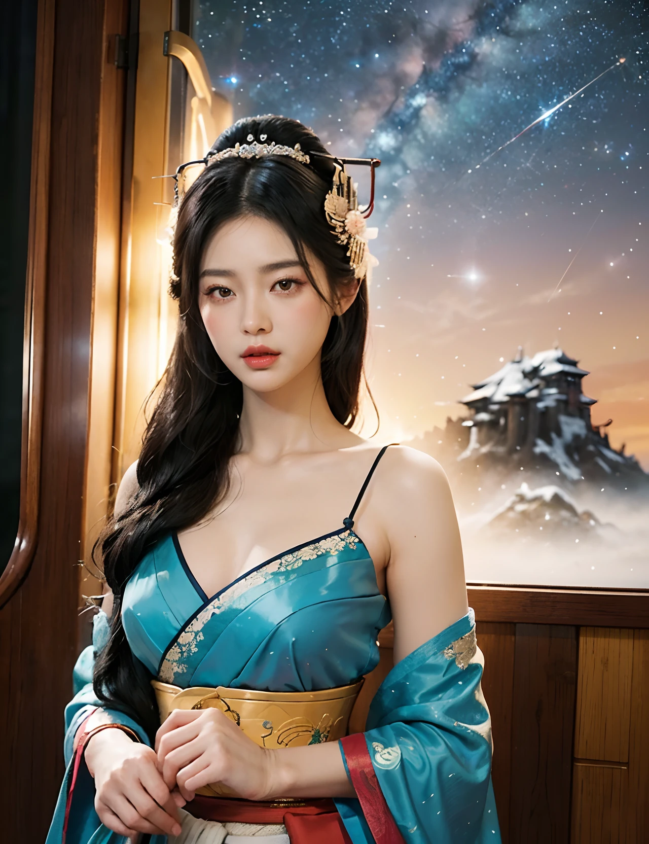 tmasterpiece,(retro train background:1.4),RAW photogr,hyper qualit, ultra - detailed,Perfect drawing,Two beautiful girls, Lovers, lesbians,(Geisha hairstyle,giant Geisha hairstick:1.6,Geisha hair ornament,armlets, bangle:1.3),Dodge kisses,bauhaus, bulgari, official valentino editorial,half-open lips, Suck your lips firmly, Drooling, elegant, Brilliant, Beautiful, Blush (0.2), Gorgeous, Beautiful, Gorgeous, gentle, Starry sky, Milky Way, Summer triangle, Tanabata and bamboo ornaments, Precise drawings, a detailed drawing,