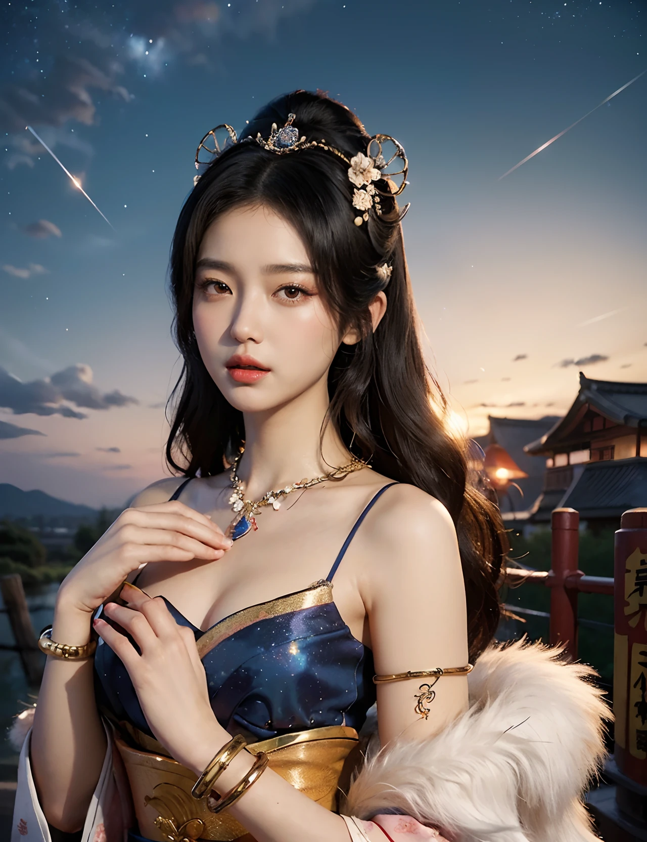 tmasterpiece,(retro train background:1.4),RAW photogr,hyper qualit, ultra - detailed,Perfect drawing,Two beautiful girls, Lovers, lesbians,(Geisha hairstyle,giant Geisha hairstick:1.6,Geisha hair ornament,armlets, bangle:1.3),Dodge kisses,bauhaus, bulgari, official valentino editorial,half-open lips, Suck your lips firmly, Drooling, elegant, Brilliant, Beautiful, Blush (0.2), Gorgeous, Beautiful, Gorgeous, gentle, Starry sky, Milky Way, Summer triangle, Tanabata and bamboo ornaments, Precise drawings, a detailed drawing,