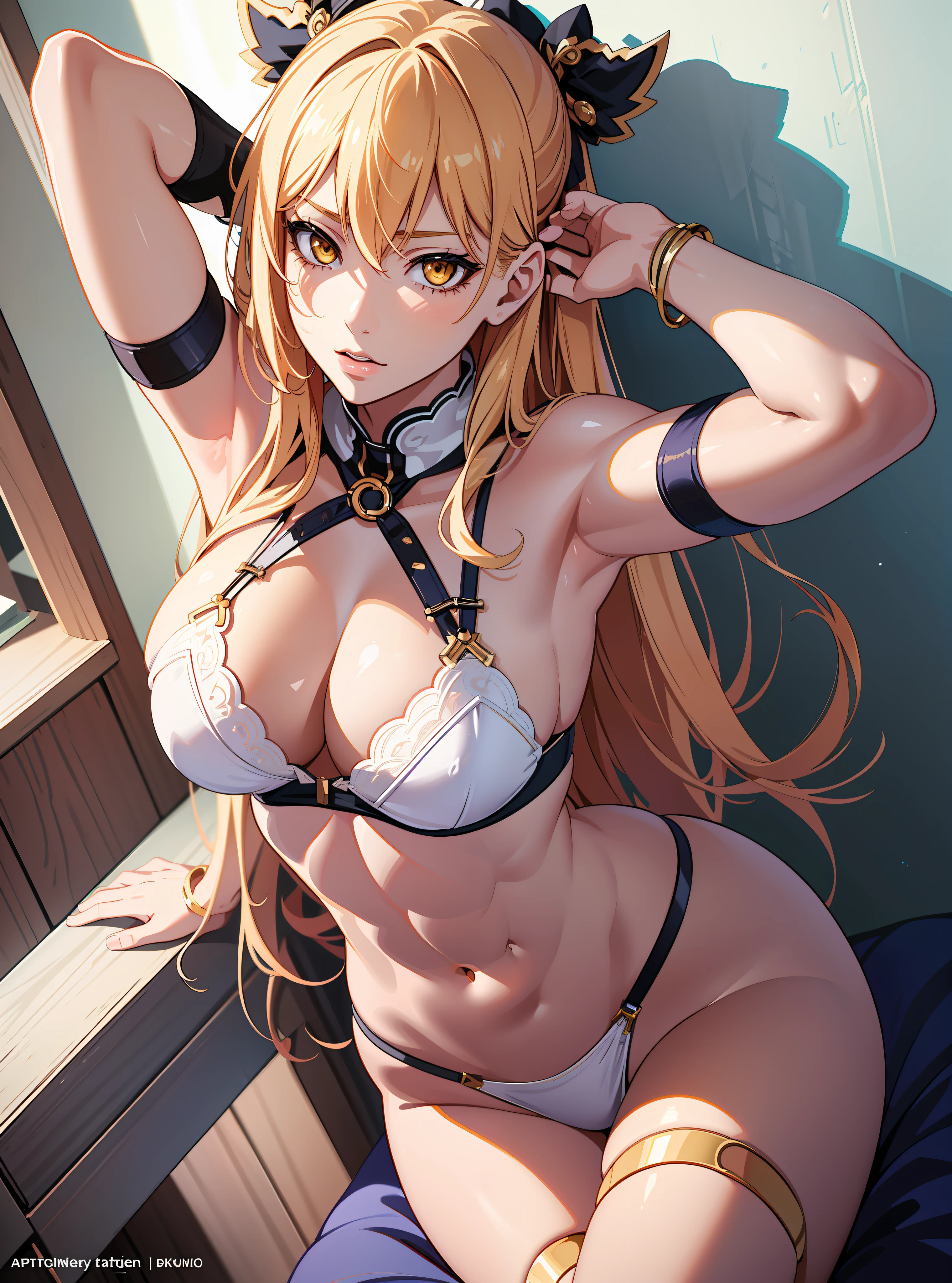 ((((masuter piece、top-quality、Long body、a blond、muscular body、large full breasts、Split abs、Pure white skin、Crouching regime、an lingerie、maikurobikini、M-shaped legs、laying on back、Beautiful abs、Golden hair、yellow  eyes、Athlete's body、)))、(((Shyness)))、Realistic skin type、an anime girl、Detailed Digital Anime Art、A seductive anime girl、extremely detailed art germ、a hyperrealistic schoolgirl、Ilyakukvshinov。4 k、Smooth Anime CG Art、Ultra Realistic Woman、ig model |ArtGerm、Photorealistic anime girl rendering、digital anime art