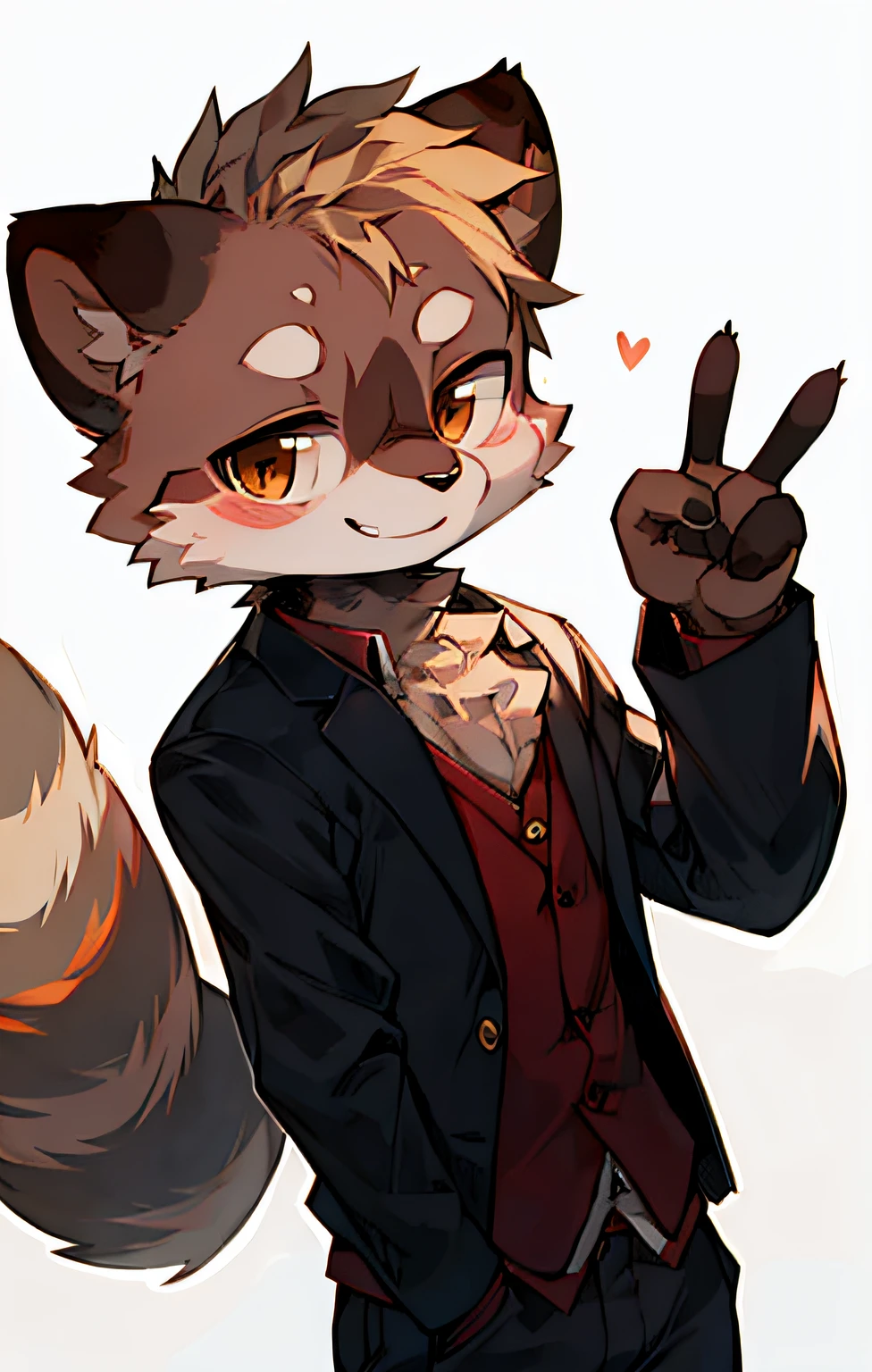 The brown raccoon smiled happily warmly at the camera,Flashing friendly peace signs,Holding a wine bottle in his hand