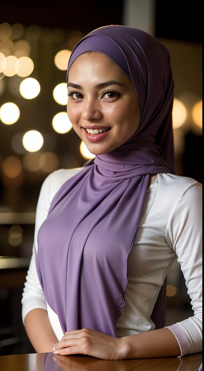 Malay girl in hijab, wear pastel lilac peplum dress, going to dinner, laugh smiling, very long white hijab, wear necklace, front view, hijab blown, windy, detail skin, age spot, detail skin texture, mole below eyes, small breast, flat chest, wide hips, small waists, thick thighs, slim abs, beautiful body, nighttime, laughing, happy, bright lighting, people in background, college gym background, blur background, bokeh, location: dinner hall,