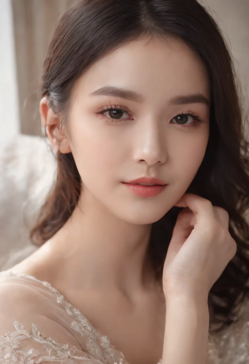 1girll,(enchanced quality:1.4),(Top quality true texture skin), Delicate face,Black hair, Gradient hair, Petite body,(perfect bodies:1.1), There are precious stones on the forehead, rimless eyewears, Sparkling pupils,long eyelasher,grin, hyper photorealism, Cinematic lighting, projected inset, surrealism, hyper HD, Masterpiece, 16k,Lie down,dream on,Wear transparent silk pajamas,Carmelto,Legs slightly open,Tattooed with,Fantasy space,Luxurious space