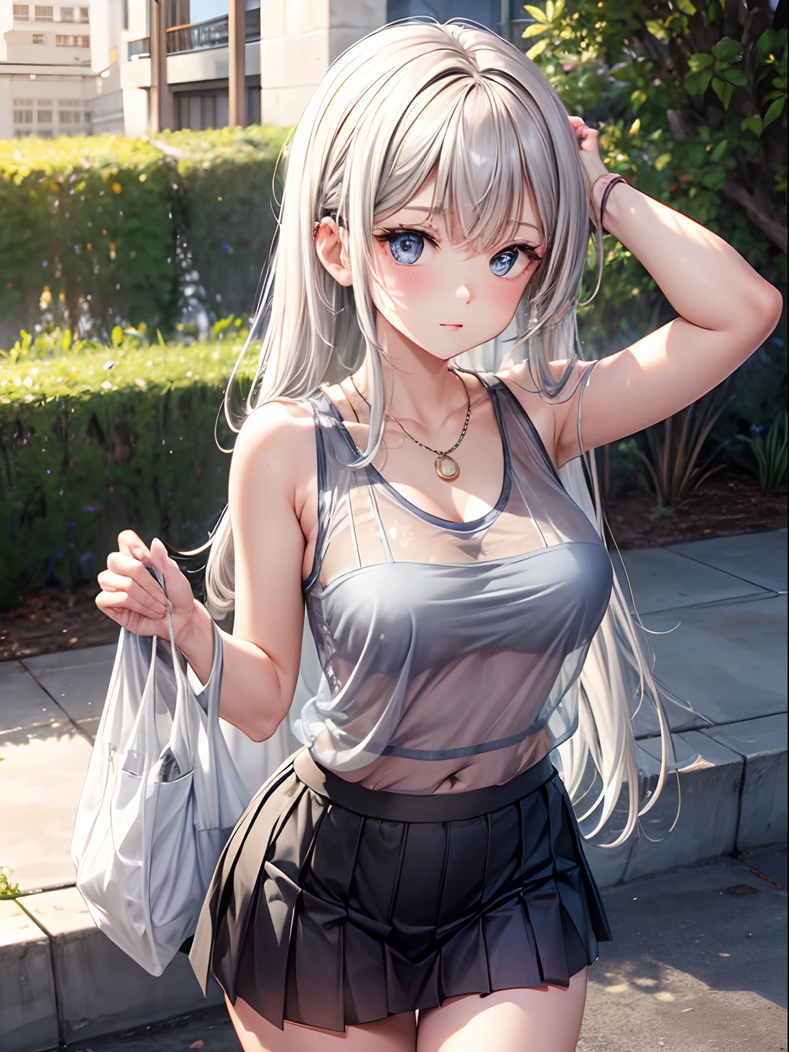 ((1girl in)), (Twin-tailed), silver hair, Amazing face and eyes, Pink eyes, (amazingly beautiful girl), silver hair, (High , Pleated mini-skirt:1.5), ((Best Quality)), (Ultra-detailed), (extremely detailed CG unified 8k wallpaper), Highly detailed, High-definition raw color photos, Professional Photography, (((Bokeh))), depth of fields, (gigantic breasts:1.2) , show off nipple , erect nipple , (skirt lift:1.2) , wet white panty , (cameltoe:1.2) , (bare breasts:1.2) , black garter belt ,
