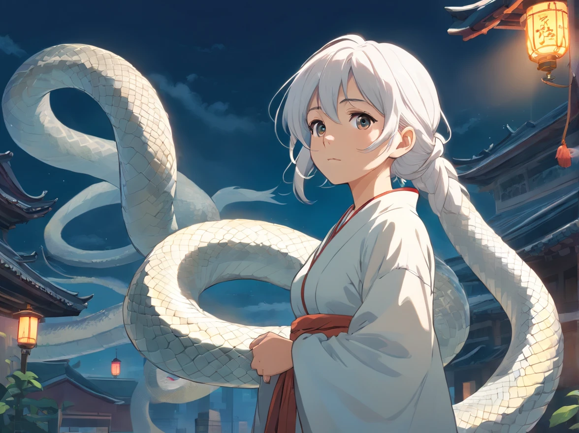 A white-haired grandmother looked at a white giant python，(Chinese folk suspense supernatural comic style),High detail, Sharp focus, Dramatic，The art of painting by Midway and Greg Rutkovsky, Bokeh on the background