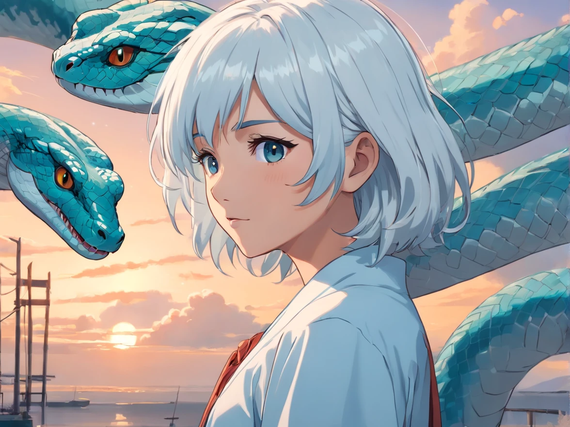 A white-haired grandmother looked at a white giant python，(Chinese folk suspense supernatural comic style),High detail, Sharp focus, Dramatic，The art of painting by Midway and Greg Rutkovsky, Bokeh on the background