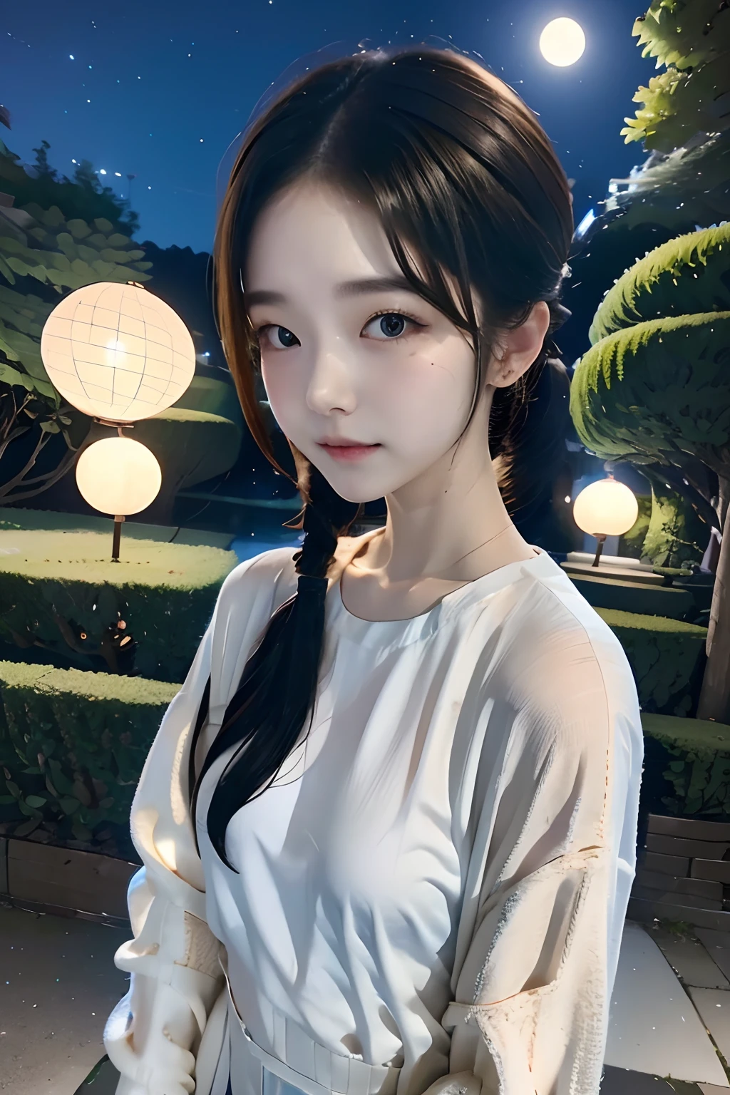top-quality、8K、masuter piece、Cute 14 years old、girl with、white shirt、Short ponytail、Night、Night、plein air、Park at night、a park、fullmoon、Blueish moon、fullmoon
