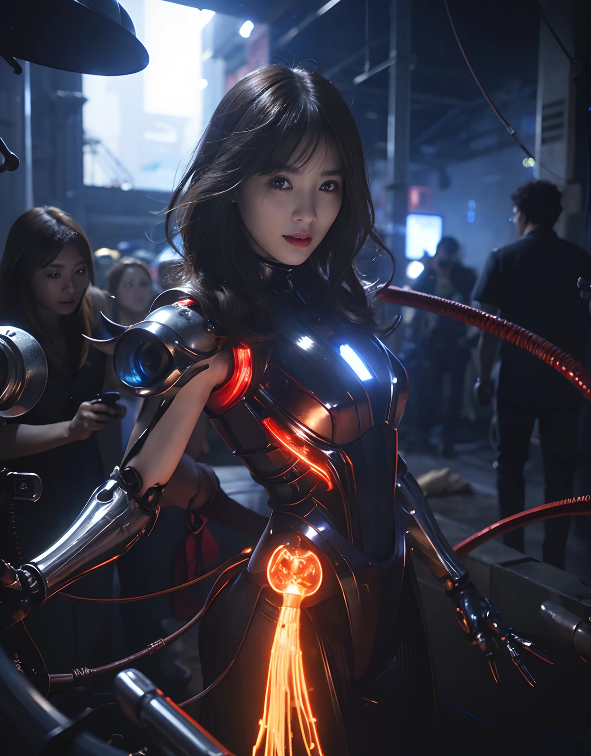 (Skimpy mechanical girl and alien background)、(Mystical expression)、highest quality、masterpiece、Super high resolution、(Photoreal:1.4)、RAW photo、1 girl、glowing skin、(((1 Mechanical Girl)))、Heavy chest、(red metalボディスーツ)、(Natural alien background to fight aliens)、(Small LED)、((Super realistic details))、vertical giant monster background),global illumination、Shadow、octane rendering、8K、super sharp、robotの背景、big breasts、Raw skin exposed in the cleavage、red metal、intricate decorative details、Japan details、very intricate details、realistic light、(Mystical expression),CG Society Trenlow Eyes、Eyes shining towards the camera、Mechanical marginal blood vessels connected to neon detail tubes)、(Wires and cables connecting to the head)、Small LED、,mechanical thighs、two stock、(Hands are also made of machines)、robot、future alien、Please wear a mechanical helmet、transparent face guard on helmet、