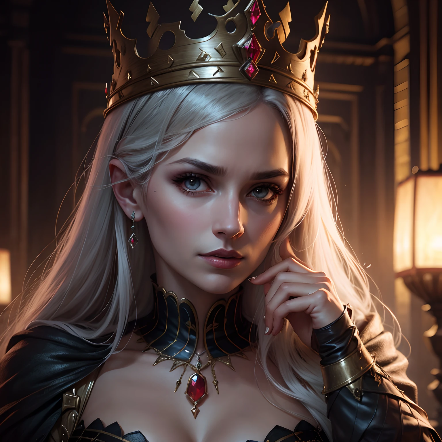 Queen imprisoned in a medieval castle, a beautiful woman of the world, sexy limbs, super bikinis, latex, glittering costumes, only candlelight in the candlesticks illuminates the surroundings, perfect limbs, young queen, beautiful tattoos are noble proof of venerable bloodline