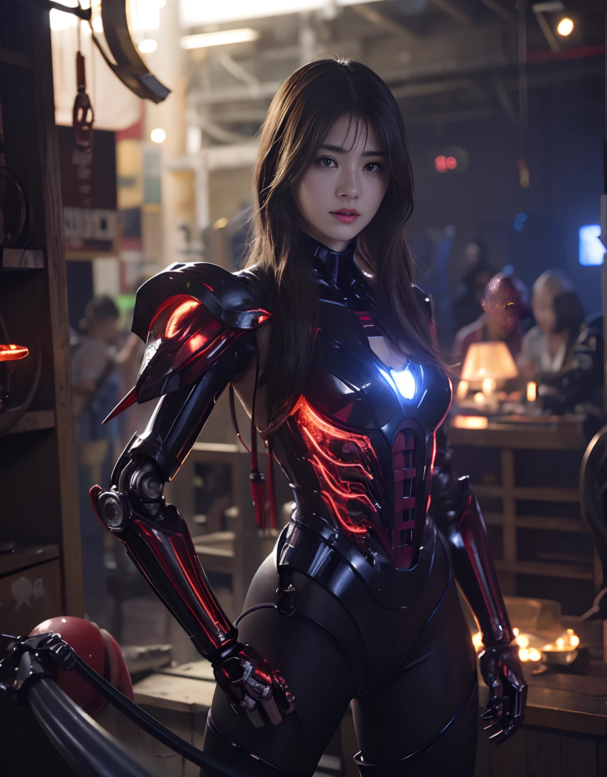 (1 Mechanical Girl)、top-quality、masterpiece、超A high resolution、(Photorealsitic:1.4)、Raw photo、女の子1人、Golden hair、glowy skin、(((1 Mechanical Girl)))、With a beautiful knife、(Red metal bodysuit)、(beautiful forest background)、Precipitous cliffs、(Small LED)、((super realistic details))、portlate、globalillumination、Shadow、octan render、(One-Eyed Scouter)、8K、ultrasharp、Colossal tits、Raw skin is exposed in cleavage、metals、Details of complex ornaments、Japan details、highly intricate detail、Realistic light、CGSoation Trends、Red Eyes、radiant eyes、Facing the camera、neon details、(Mechanical limbs)、(blood vessels connected to tubes)、Mechanical vertebrae attached to the back、mechanical cervical attaching to neck、(Wires and cables connecting to the head)、Gundam、Small LED、,Mechanical thighs、Toostock、(Hands are also made of machines)、