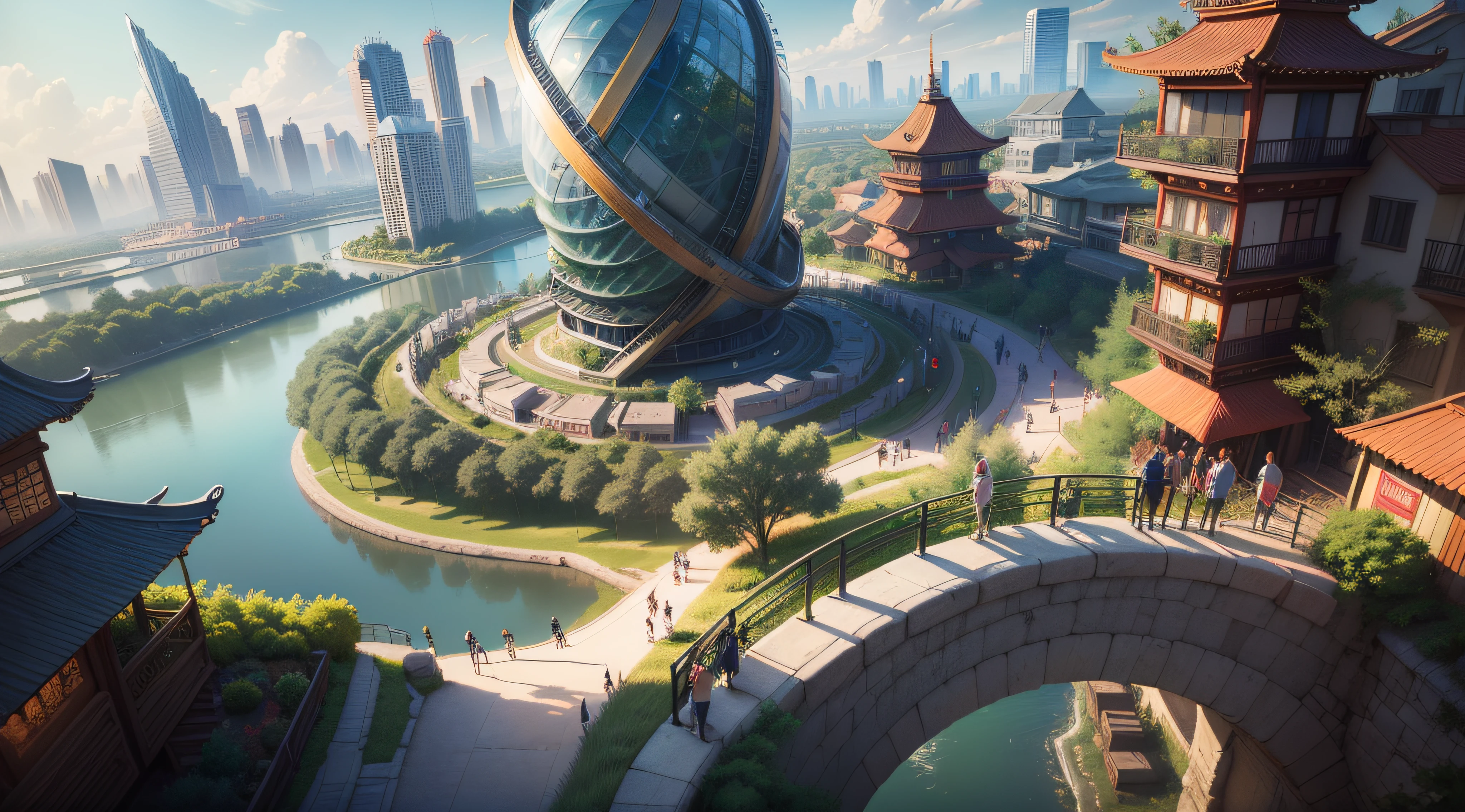 (top-quality,tmasterpiece,超A high resolution８K),(cyber punk perssonage,Cidade futuristica),(Dream, sfv),(epcot),(skyscrapper),{Chinese Garden}