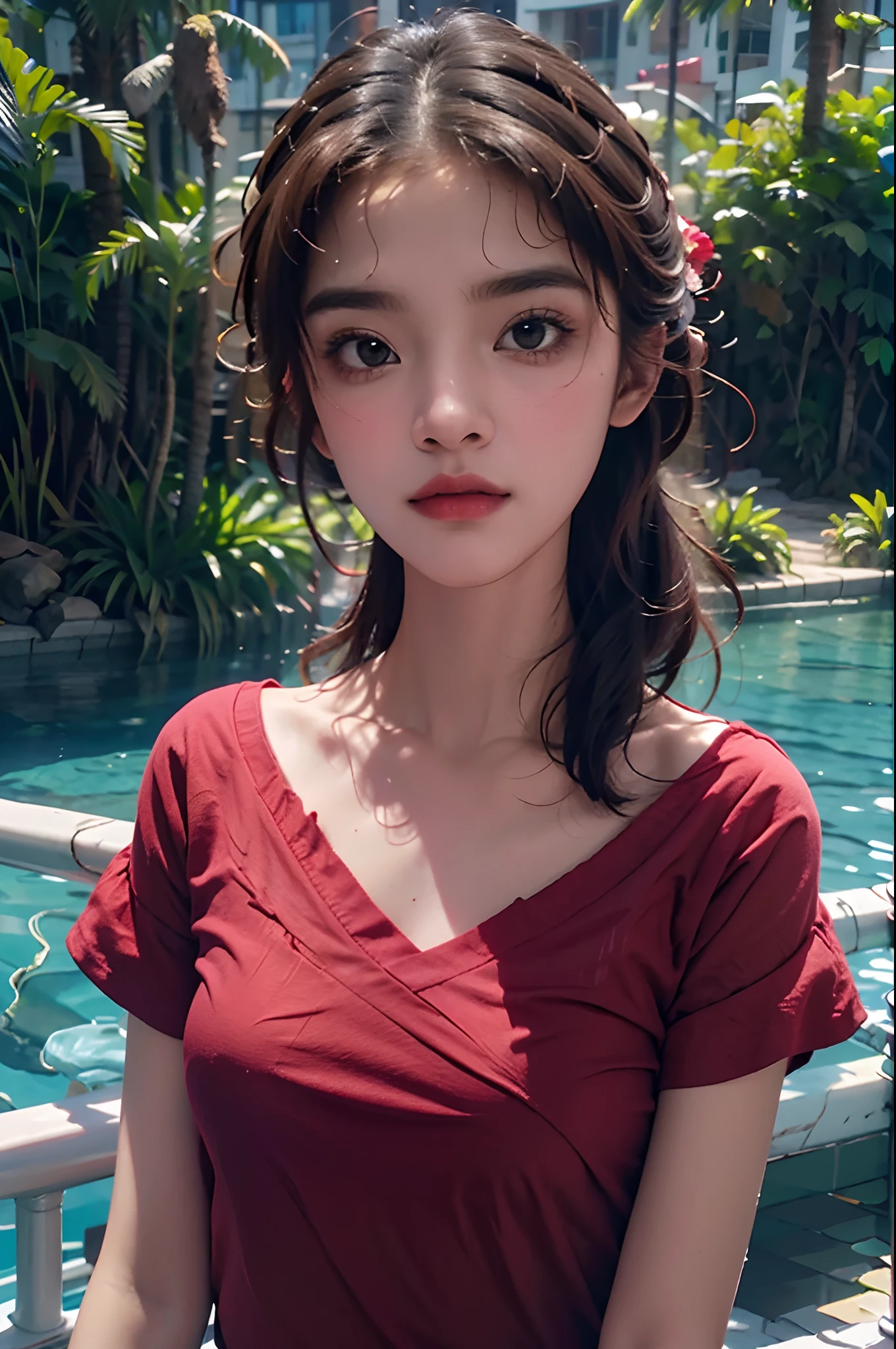 samia, Girl, Solo, shirt, Looking at you, face, Perfect, Flowers, High quality, Radiant, cavalier, godly, Red shirt, red velvet, water, Ocean, Lotus