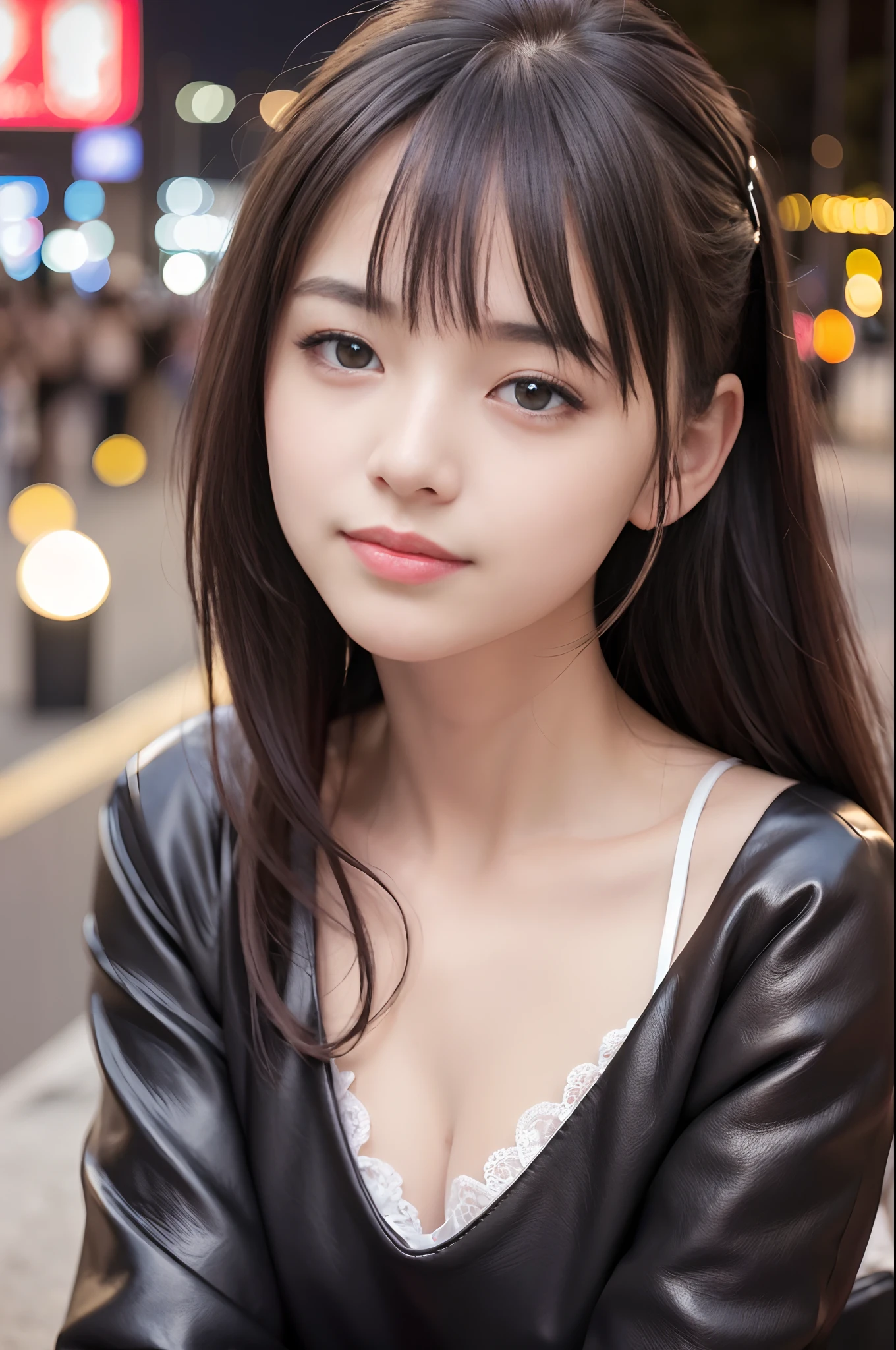 (8k, best quality, masterpiece:1.2), (realistic, photo-realistic:1.37), ultra-detailed, 
1 girl,cute, solo,beautiful detailed sky,detailed cafe,sitting,dating,(nose blush),(smile:1.15),(closed mouth) small breasts,beautiful detailed eyes, collared shir, black leather jack coat, white lace, black choke ,
(medium longth hair:1.2),floating hair ,NovaFrogStyle, white skin,cinematic light,night street,street light