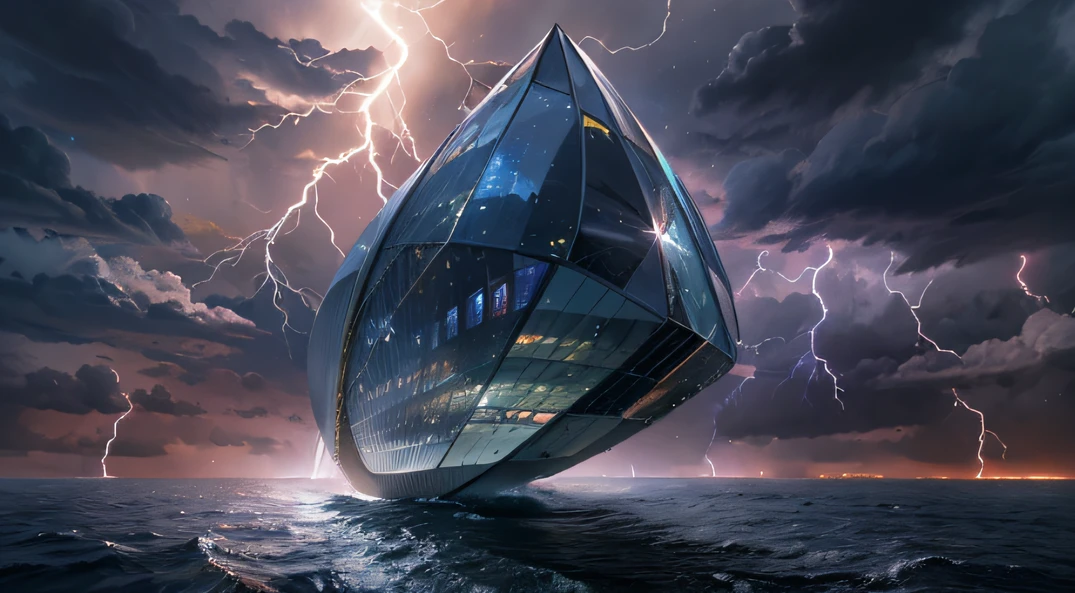 Giant teardrop-shaped crystal cosmic elliptical ship，，Skysky，dark stormy clouds，Sky full of lightning， It will be a thunderstorm，