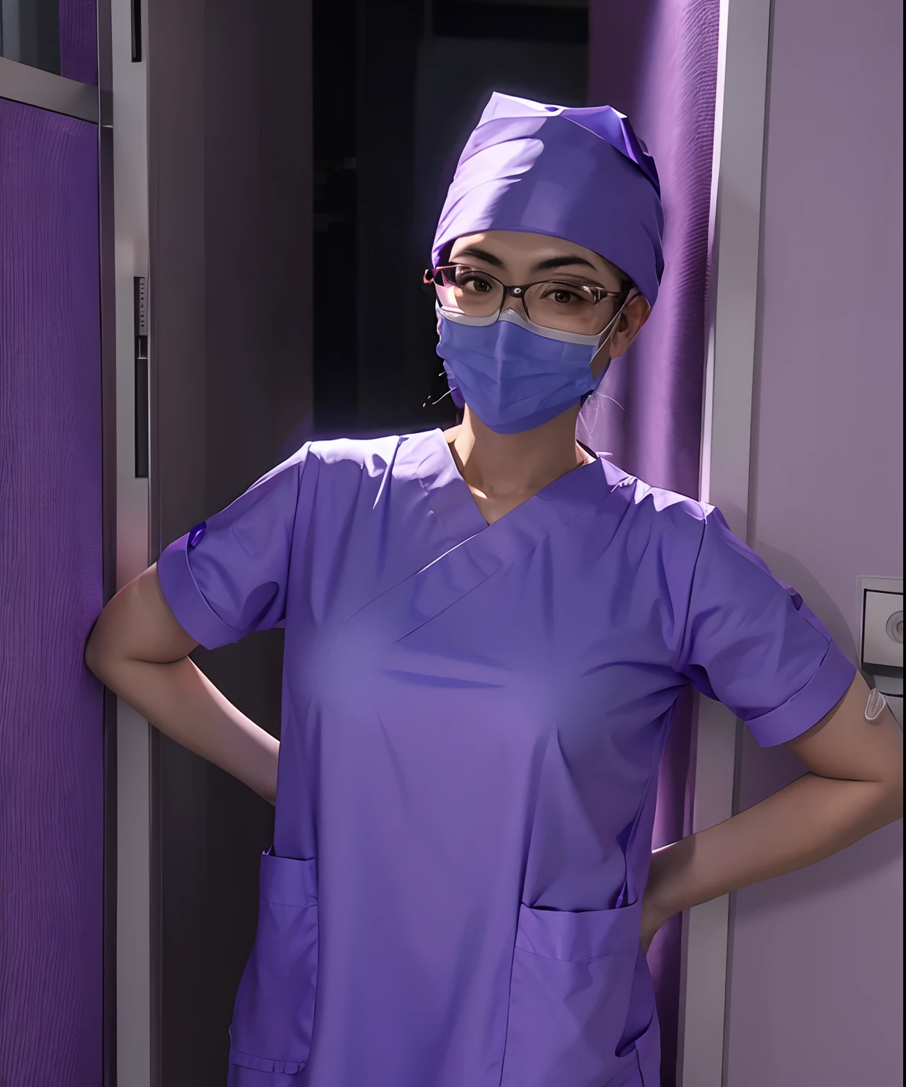 arafed woman in purple scrubs and a mask standing in front of a door, surgical gown and scrubs on, healthcare worker, surgeon, doctor, nurse, wearing lab coat and glasses, surgical gear, nurse scrubs, wearing a purple hospital gown, medical doctor, masked doctors, wearing red facemask and wild sunglasses, nursing, wearing a purple hospital gown, (doctor), medical mask
