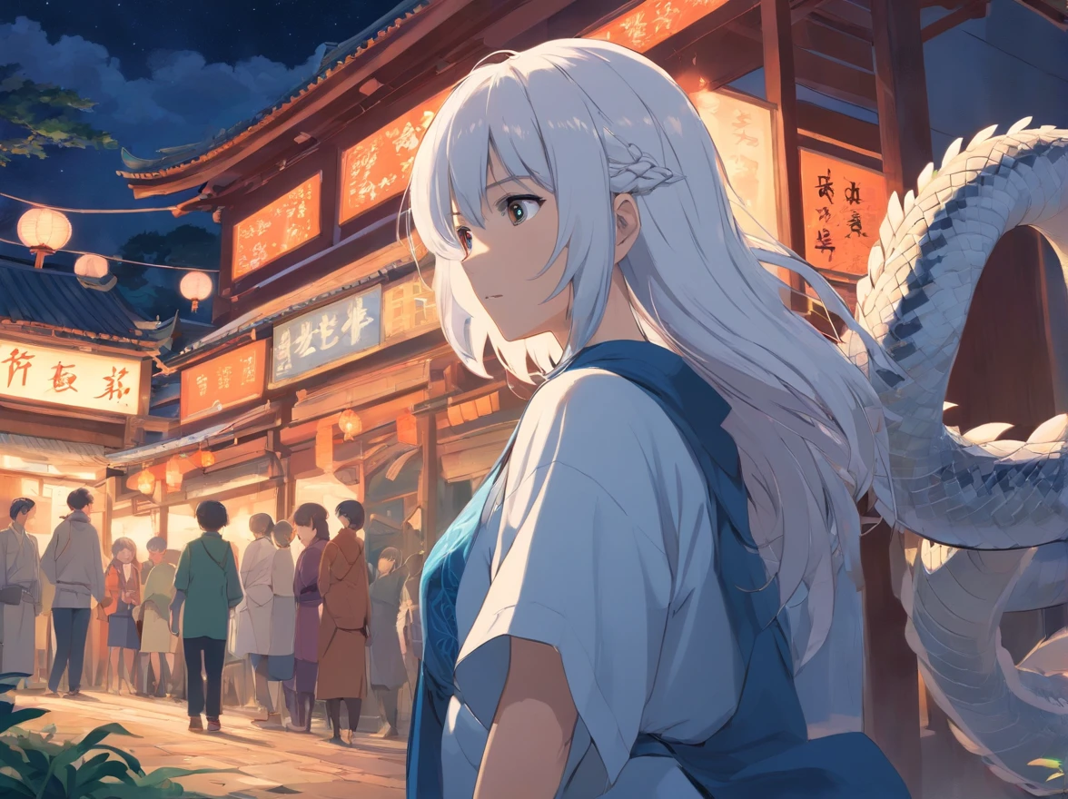 The white-haired grandmother looked at a white giant python in the distance,the night,(Chinese folk suspense supernatural comic book style),High detail, Sharp focus, Dramatic,Anime drawing art,