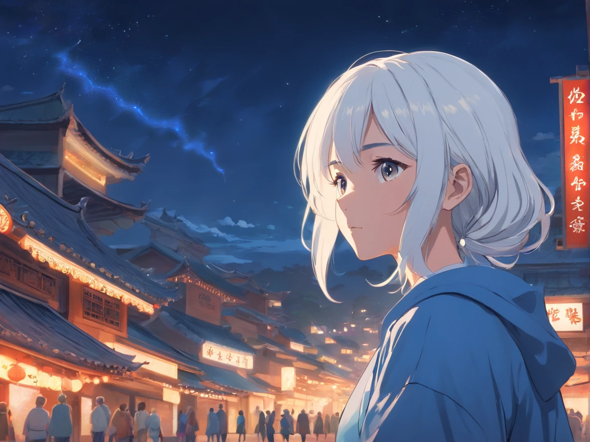 The white-haired grandmother looked at a white giant python in the distance,the night,(Chinese folk suspense supernatural comic book style),High detail, Sharp focus, Dramatic,Anime drawing art,