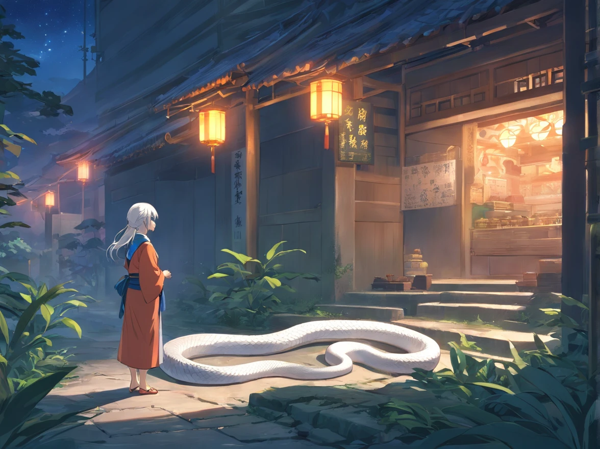 The white-haired grandmother looked at a white giant python in the distance,the night,(Chinese folk suspense supernatural comic book style),High detail, Sharp focus, Dramatic,Anime drawing art,