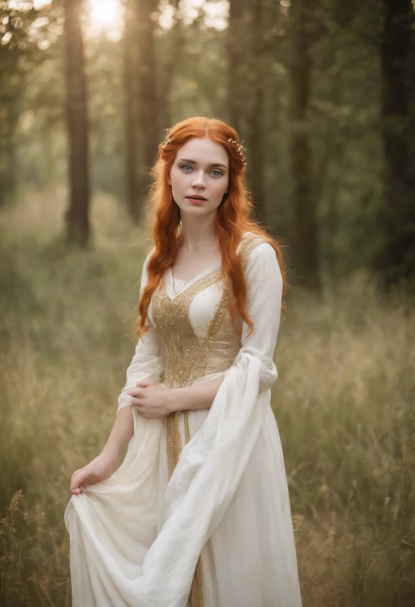 (((A godness of love medieval))) fair complexion, woman around 24 years old, orange hair, distinctive lue eyes, wearing a sexy white dress medieval with golden details, slender and graceful, beautiful, ultra sharp focus, realistic shot, medieval female, tetradic colors