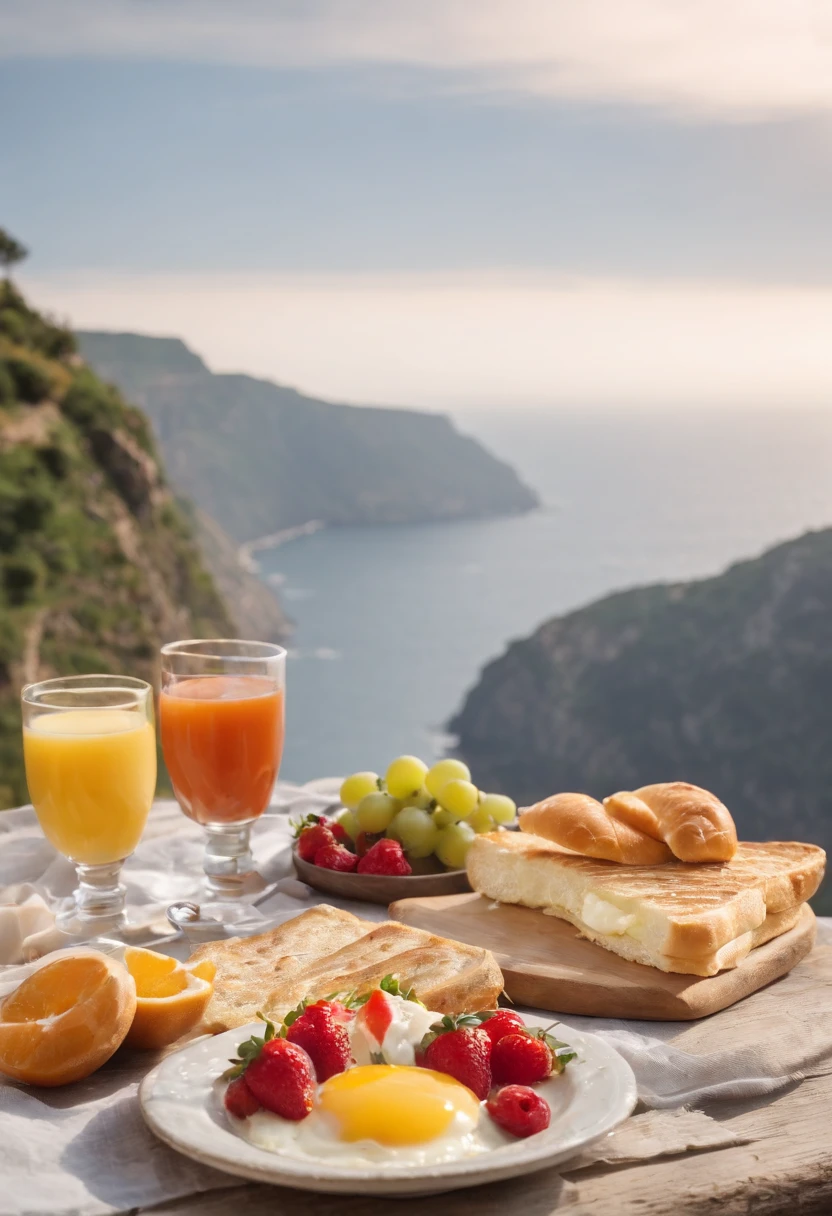 "To create a picture,The picture shows a large appetizer(Breakfast)Located on a cliff,The background is a blurry old house,I would like, so that there is a shadow on this snack。"