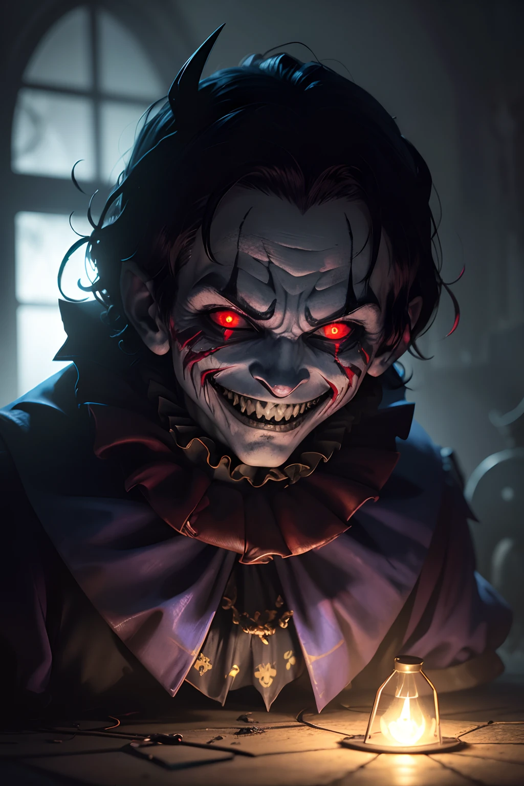 (backlighting, monster, scary jester) dark, gore, scene of a monster being illuminated by a flashlight, dark lighting,, blood on the floor, creepy smile, eerie