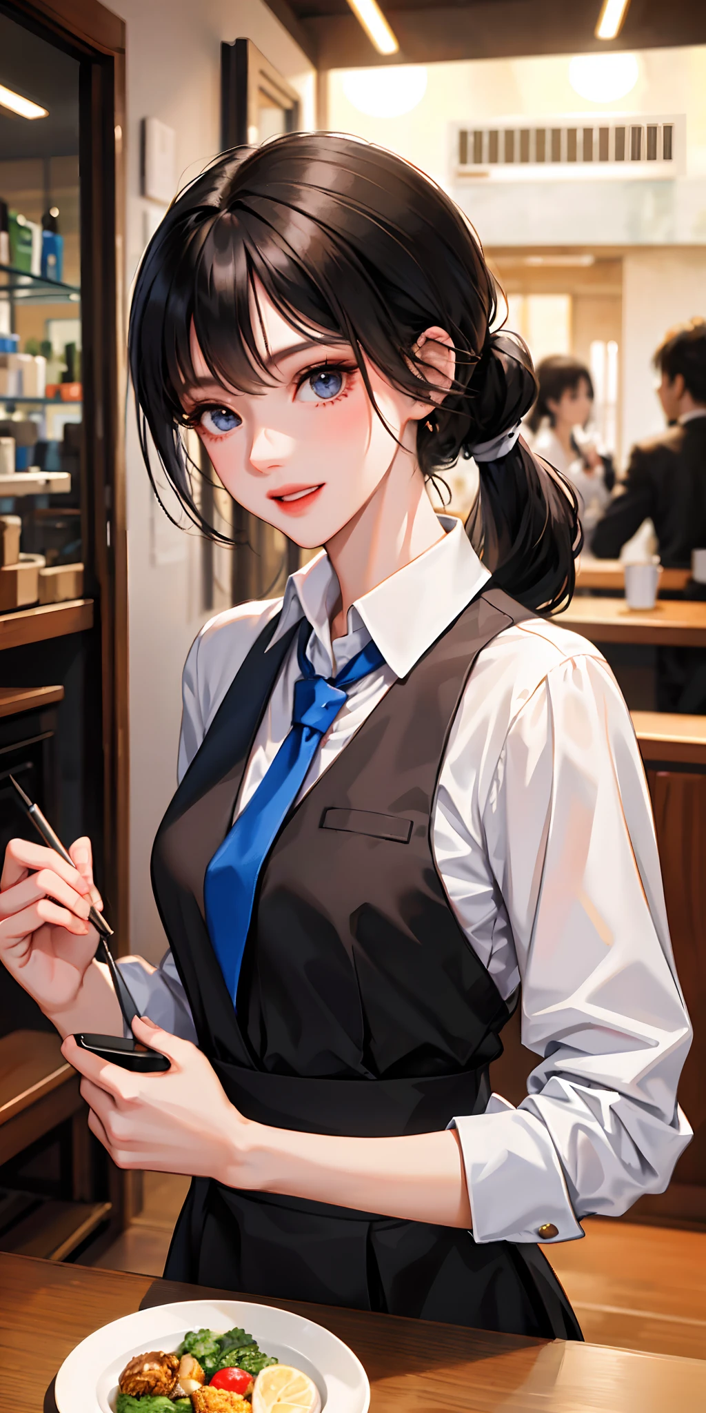 girl, Black hair, Older sister, Tie her hair into a ponytail、Laugh the speaker, high quality picture, masutepiece, Beautiful Girl, cafes,