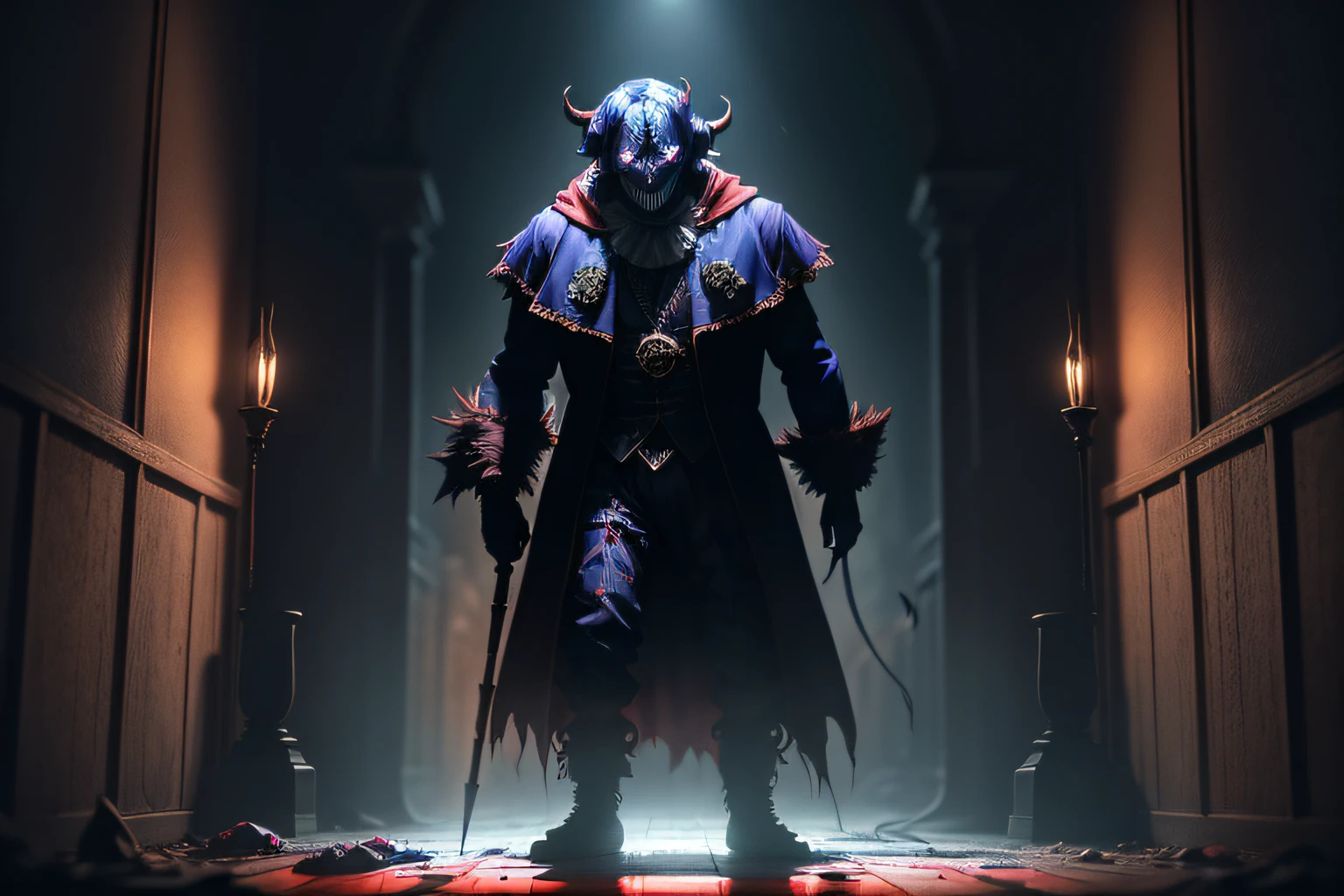 (backlighting, monster, scary jester) dark, gore, scene of a monster being illuminated by a flashlight, dark lighting,, blood on the floor, creepy smile, eerie, desktop wallpaper, concept art, dark scene, scary, zoom out, (standing), man holding flashlight from behind