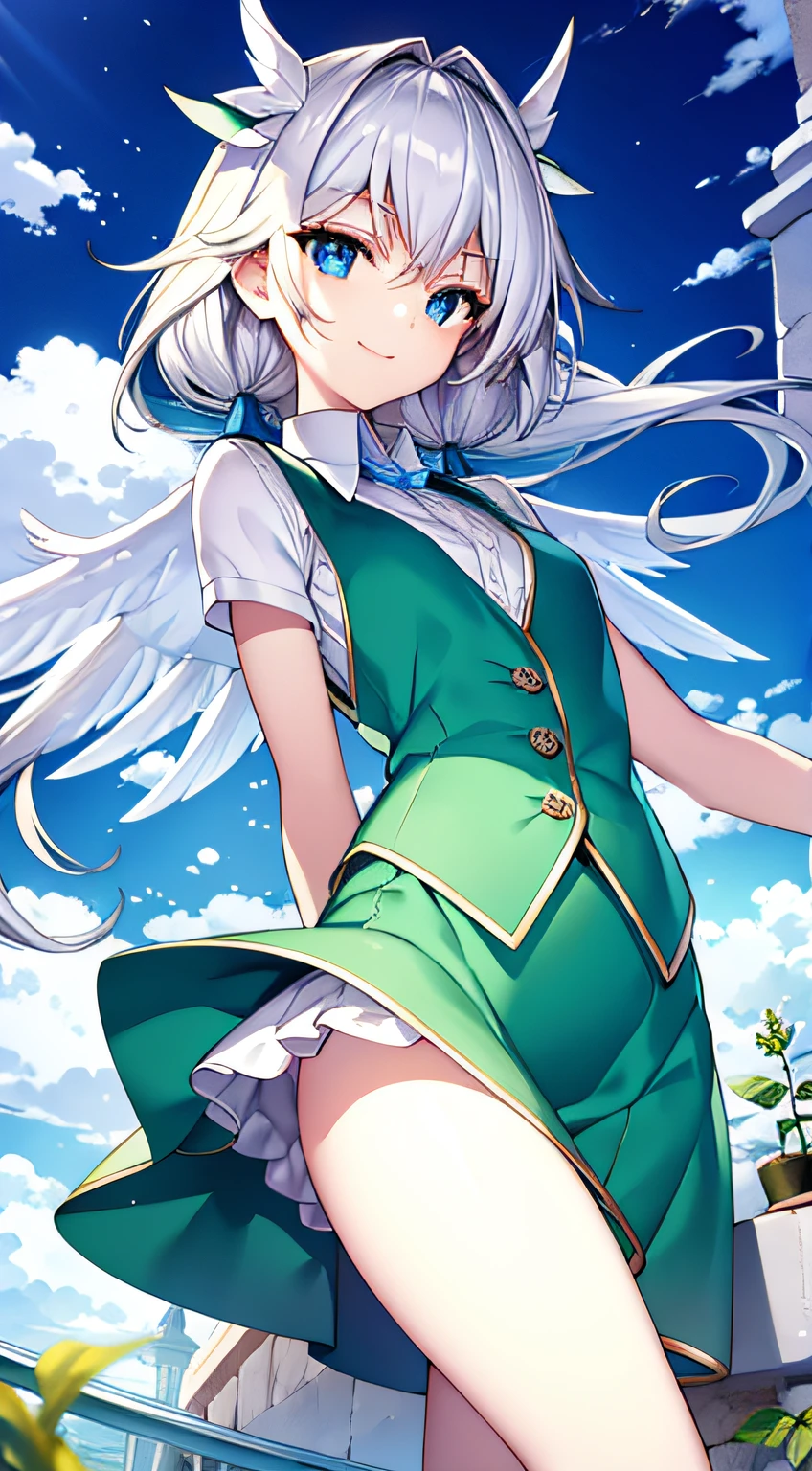 , leprechaun, white hair: long, blue eyes, small breasts, vest, garter, hair accessories, seductive smile, gaze, head tilt, behind arms, (slim), (thin legs: open legs), high detail, best quality, masterpiece, detailed ice, cumulonimbus clouds, beautiful details glow, ice crystal textured wings