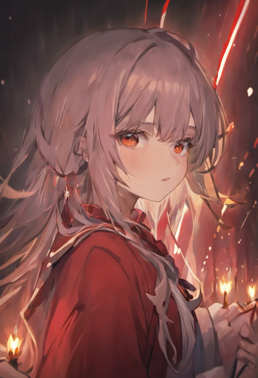 (((A deep red wound streaked across her left cheek))) Fair complexion, A woman around 19 years old, Natural gray hair, Unique green eyes, Wear Cole, Slender and graceful, Beautiful, Candlelight in a medieval setting, super sharp focus, realistic lens, Medieval women's clothing, Four colors (Scar:1.4)