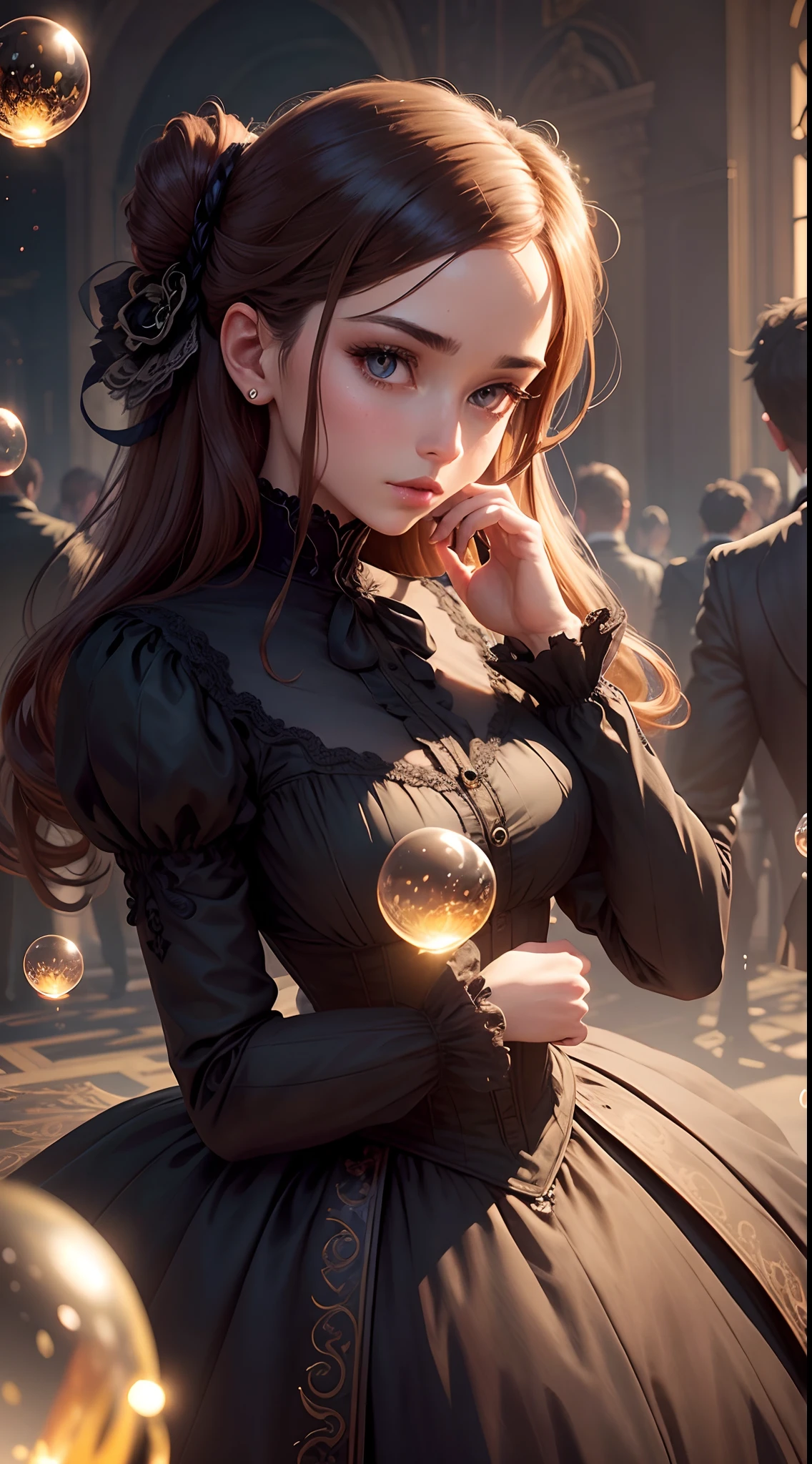 extremely detailed illustration of gorgeous woman wearing victorian ballgown, curtsey to man, man wearing victorian suit, man kissing woman’s hand, brown hair, brown eyes stylish, backlit, highly illuminated, colorful crystal, awesome updo hair, visually rich, raytraced, manga, whimsical, JRPG, enchanting, emotionally evocative, detailed environment, fantastical, imaginative, visually rich, atmospheric, zoomed, flat lighting, 2d, cartoon, vector, bubbles