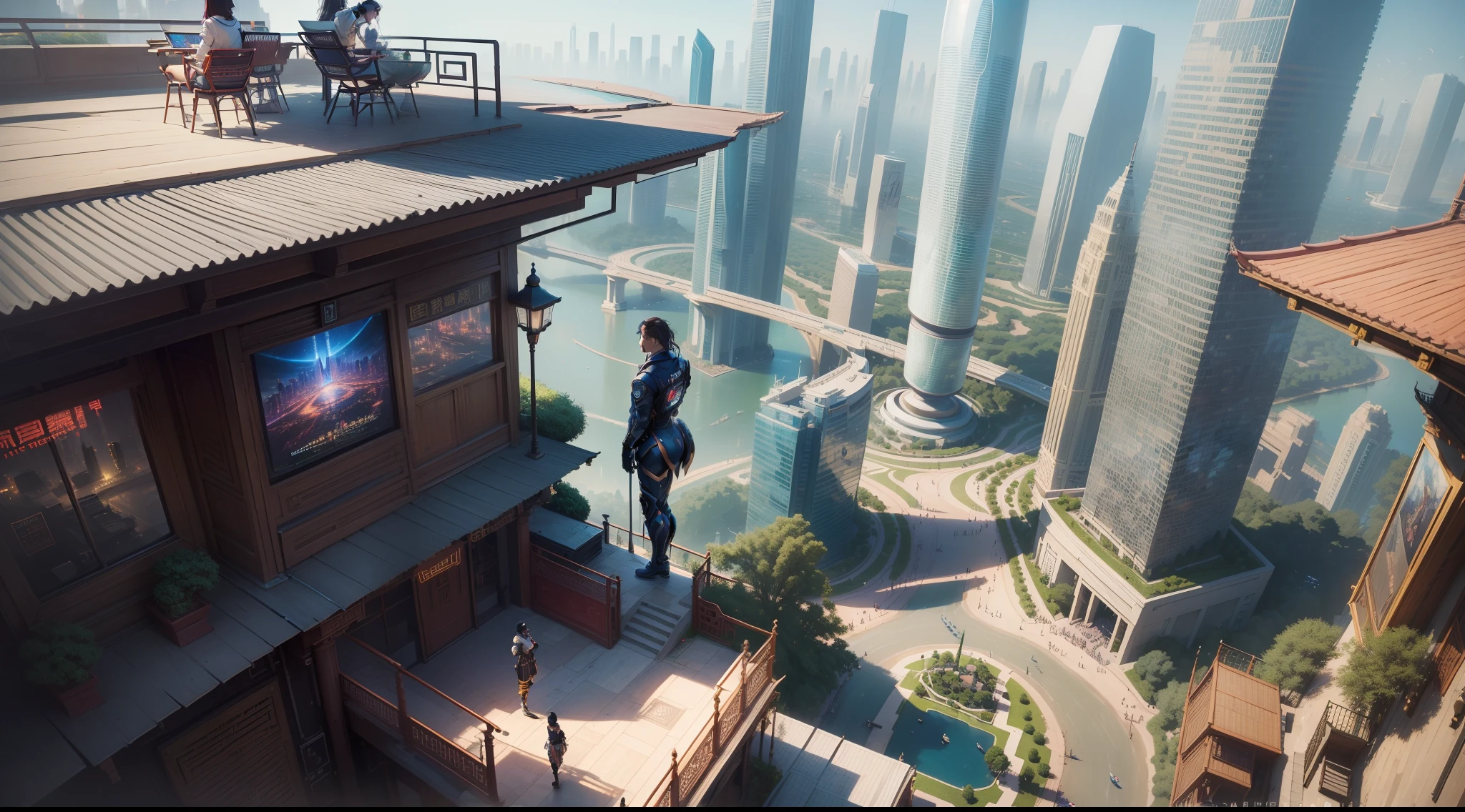 (top-quality,tmasterpiece,超A high resolution８K),(cyber punk perssonage,Cidade futuristica),(Dream, sfv),(epcot),(skyscrapper),{Chinese Garden}