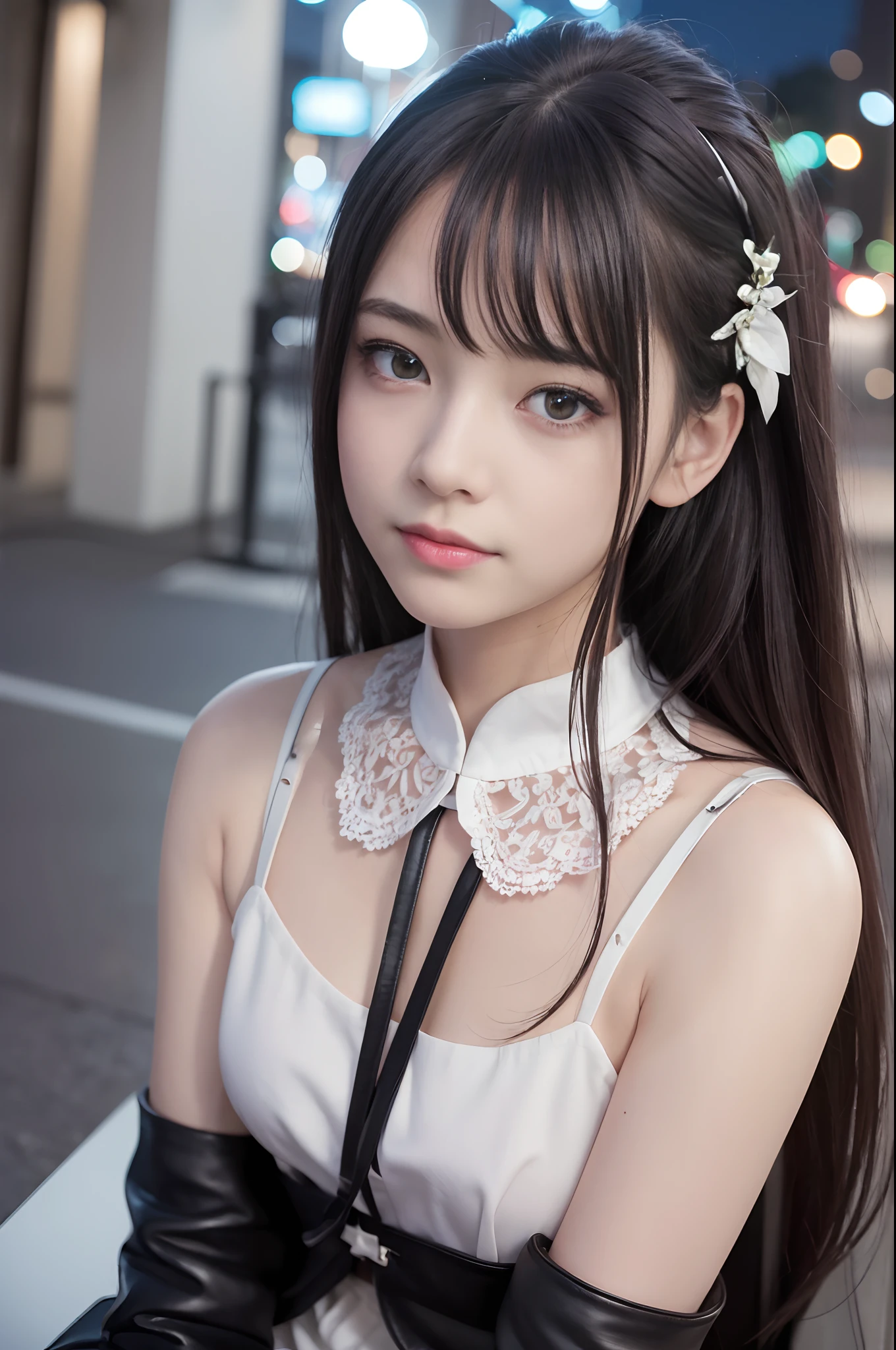 (8k, best quality, masterpiece:1.2), (realistic, photo-realistic:1.37), ultra-detailed, 
1 girl,cute, solo,beautiful detailed sky,detailed cafe,sitting,dating,(nose blush),(smile:1.15),(closed mouth) small breasts,beautiful detailed eyes, collared shir, black leather jack coat, white lace, black choke ,
(medium longth hair:1.2),floating hair ,NovaFrogStyle, white skin,cinematic light,night street,street light