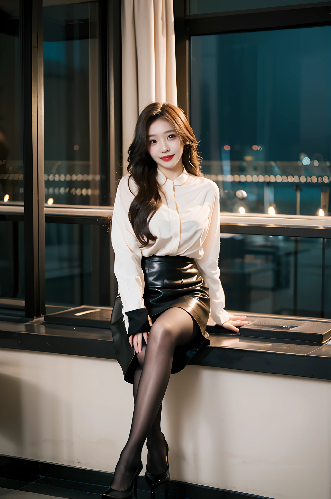 Best quality,Masterpiece,超高分辨率,(Realisticity:1.4),Original photo,Cinematic lighting,
1girll,Smile,Ocean,Pantyhose，Stiletto heels，Leather skirt，huge tit，largeeyes