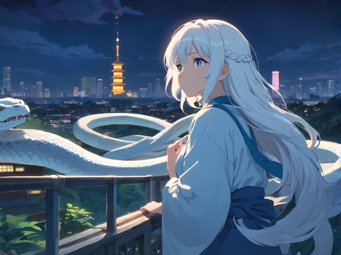 The white-haired grandmother looked at a white giant python in the distance，the night，(Chinese folk suspense supernatural comic style),High detail, Sharp focus, Dramatic，Anime drawing art,