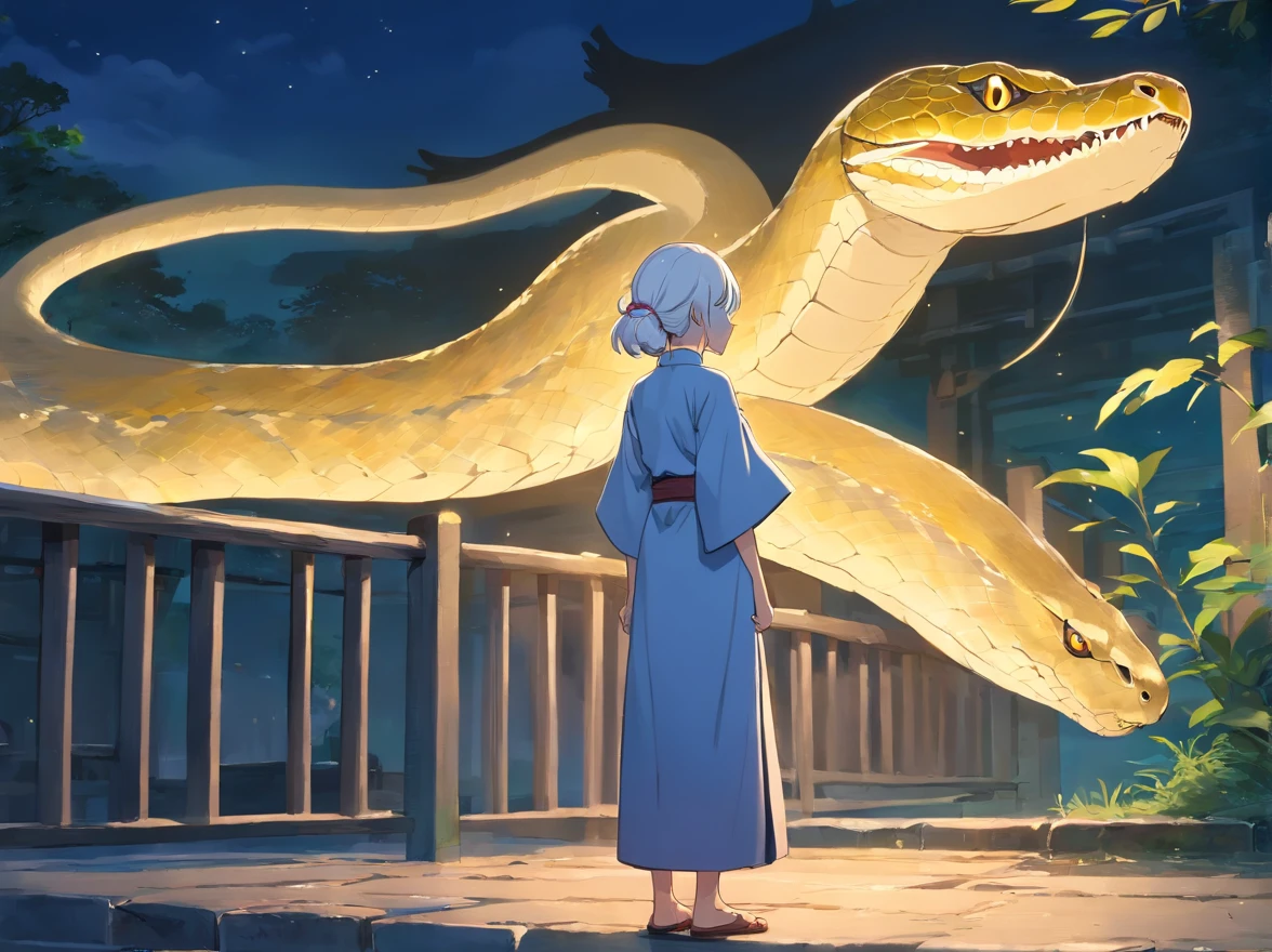 The white-haired grandmother looked at a white giant python in the distance，the night，(Chinese folk suspense supernatural comic style),High detail, Sharp focus, Dramatic，Anime drawing art,