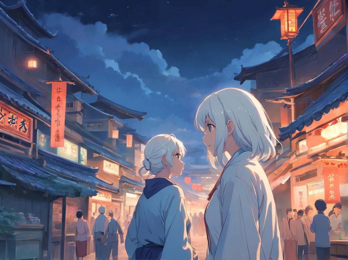 The white-haired grandmother looked at a white giant python in the distance,the night,(Chinese folk suspense supernatural comic style),High detail, Sharp focus, Dramatic,Anime drawing art,