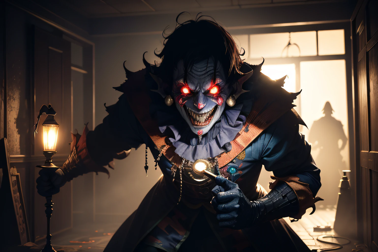 (backlighting, monster, scary jester) dark, gore, scene of a monster being illuminated by a flashlight, dark lighting,, blood on the floor, creepy smile, eerie, desktop wallpaper, concept art, dark scene, scary, zoom out, (standing), man holding flashlight from behind, (in the basement), rusted, light illuminating on dark figure