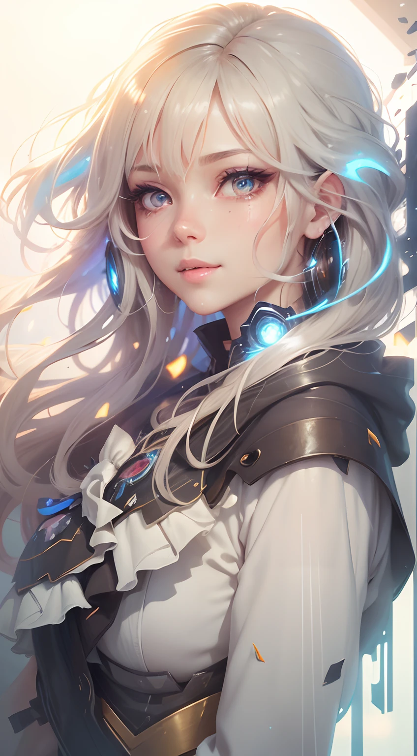 close-up of anime woman with bright beautiful detailed eyes, wet-on-wet, shiny, shimmery, glittery, Ross Tran, high quality, 8K Ultra HD, beautiful woman, A digital illustration of anime style, digital anime paintings of her, soft anime tones, Feels like Japanese anime, colorful, A painting with dripping and scattered paint, Painting like Agnes Cecile, blurry, pale touch, smudged outline, like a fairy tale, beautiful face, Her hair is gently swaying in the breeze, Summer clouds spreading far away, Her hair is gently swaying in the breeze, and the sun is shining down on her, casting a warm glow on her skin, pale brown dress, large eyes, a little smile, luminism, three dimensional effect, Alphonse Beeple, luminism, 3d render, octane render, Isometric,